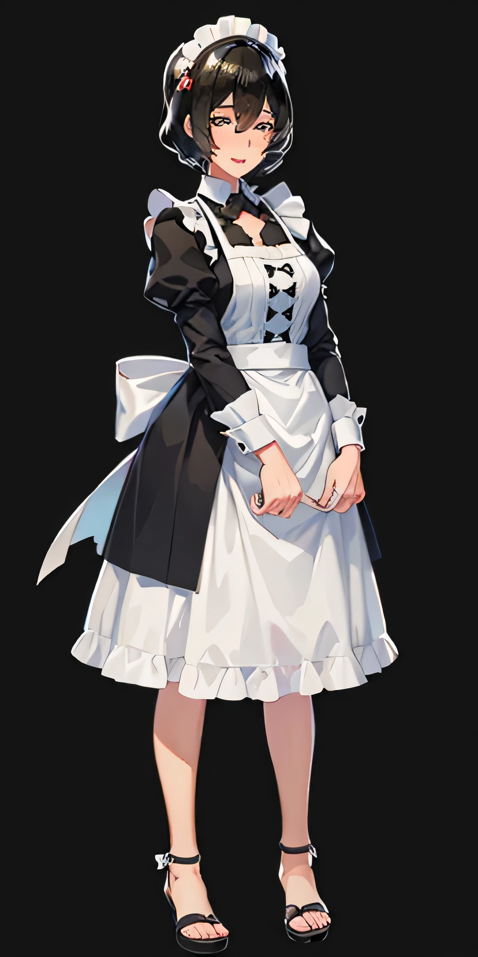 1 girl, cute, ((short black hair girl)), maid victorian, maid apron, straight face, dazed, Body position: Are standing, straight, symmetrical, barefoot, With a greedy smile on your red face, whole body, bow,, thank you, 30 degrees, no background, cute靴