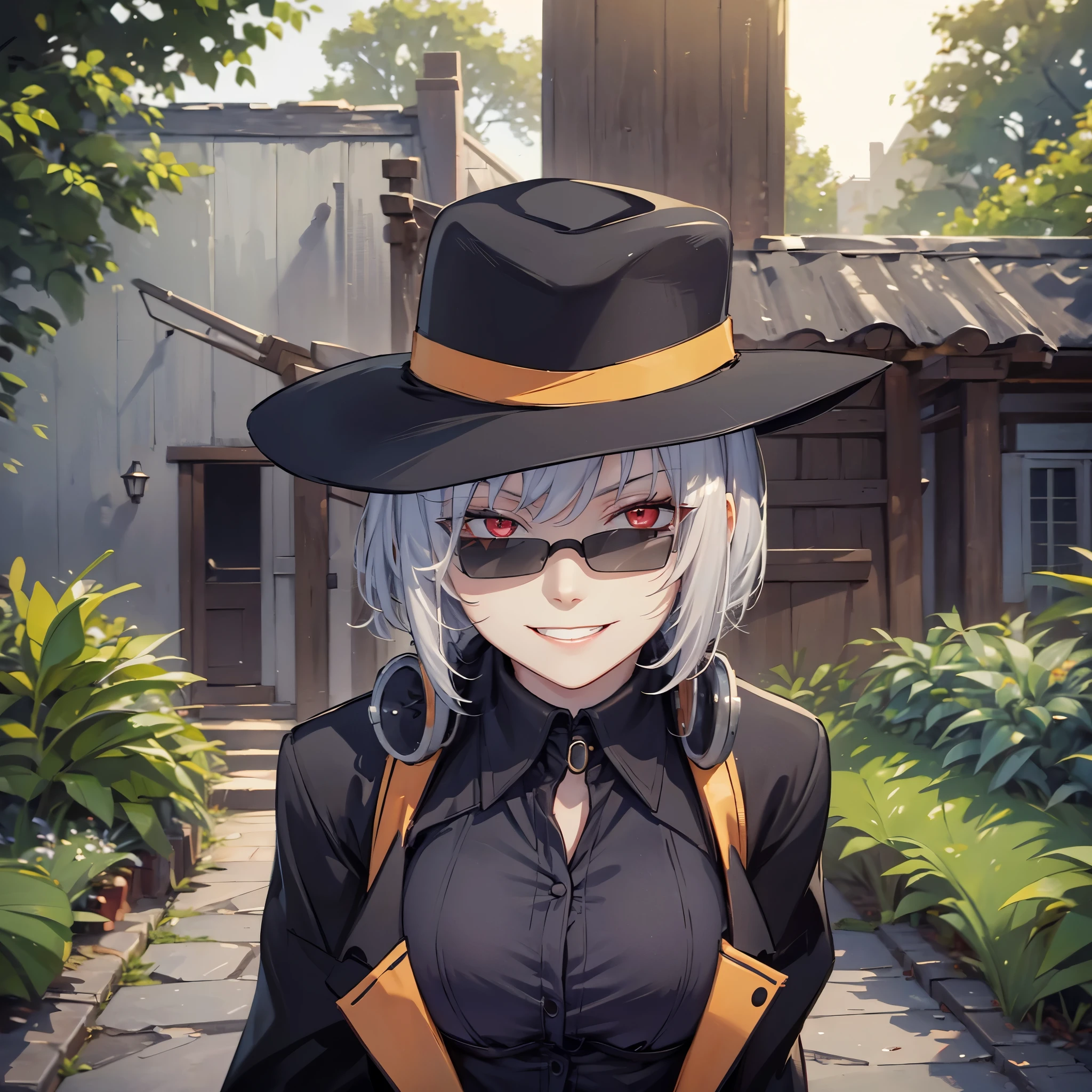 A woman wearing a long black coat, hat, sunglasses, dark jeans, short silver hair, red eyes, smiling, stands in front of a 1950s American house with a garden around it.