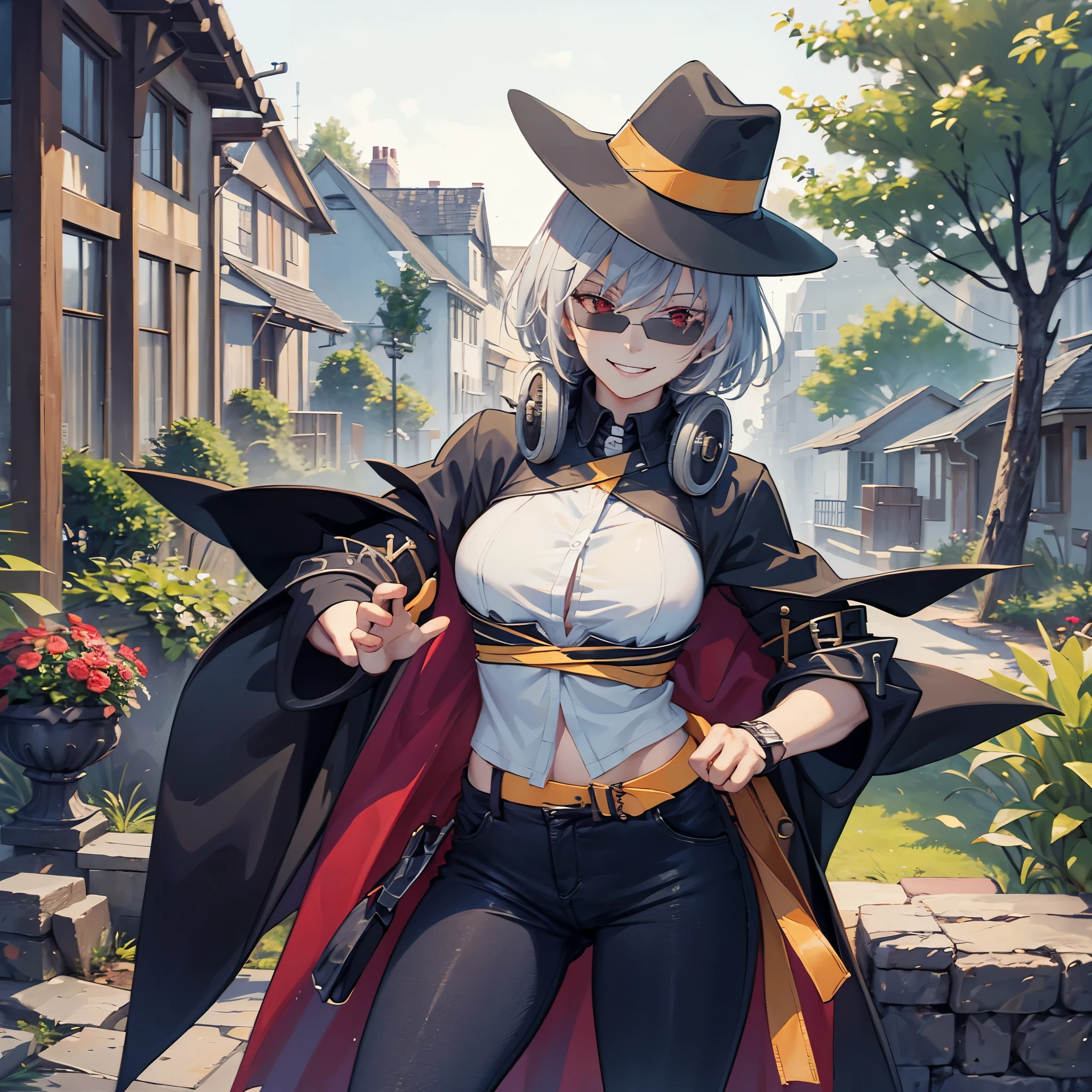 A woman wearing a long black coat, hat, sunglasses, dark jeans, short silver hair, red eyes, smiling, stands in front of a 1950s American house with a garden around it.