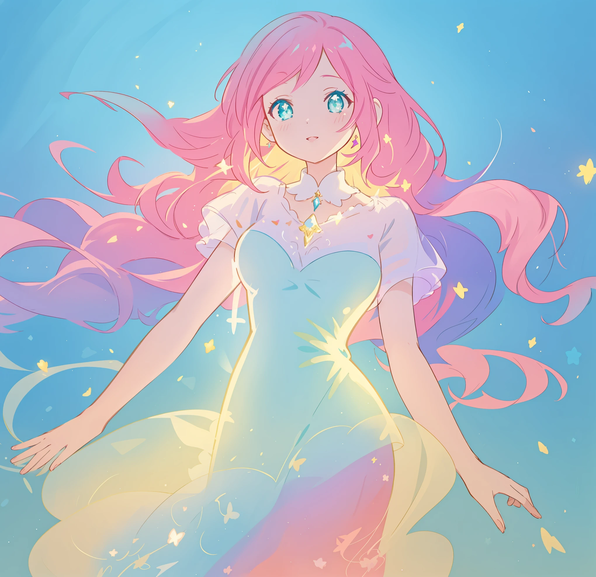 beautiful girl in sparkling layered dress, vibrant pastel colors, (colorful), magical lights, long flowing colorful pink hair, otherworldly aqua and blue landscape background, inspired by Glen Keane, inspired by Lois van Baarle, disney art style, by Lois van Baarle, glowing aura around her, by Glen Keane, jen bartel, glowing lights! digital painting, flowing glowing hair, glowing flowing hair, beautiful digital illustration, fantasia background, whimsical, magical, fantasy, beautiful face, ((masterpiece, best quality)), intricate details, highly detailed, sharp focus, 8k resolution, sparkling detailed eyes, liquid watercolor