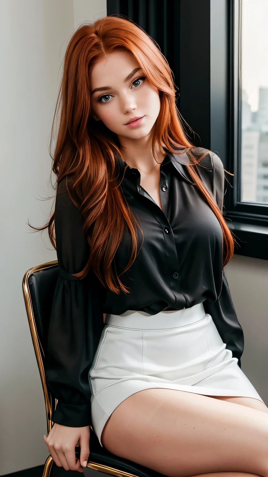 Beautiful redhead girl with brown eyes and long hair wearing sexy black blouse and white mini skirt sitting on a chair inside stylish room in New York 