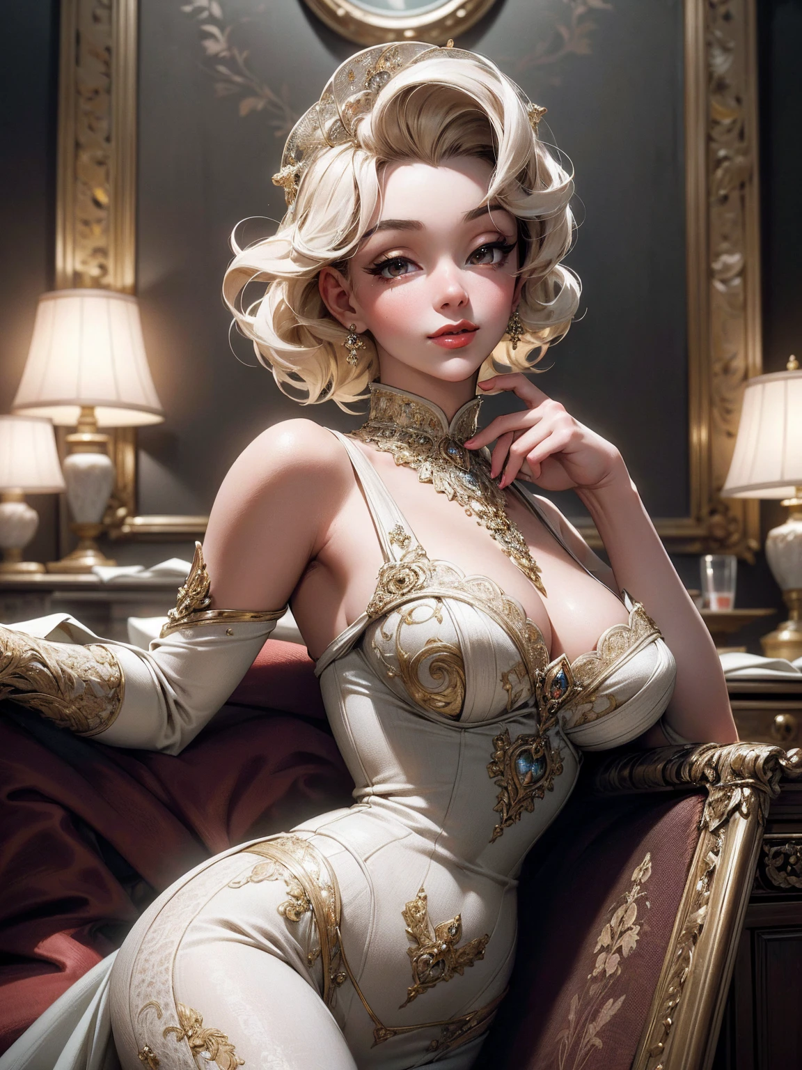 (Masterpiece - Ultra-Detailed, High Resolution) Prepare to be enchanted by a true masterpiece that combines ultra-detailed art with high-resolution rendering. This work shows a mesmerizing woman, with short short, light blonde hair, 1950s style, Marilyn Monroe (1.3) and captivating brown eyes (1.2),(brown eyes) New York illustration style, wearing red lipstick, emanating an aura of elegance and mystery. Wearing victorian classic 1950s clothing. y. Intricate details and realistic textures invite you to explore every aspect of this enchanting composition. Transparent white dress. Walking, writing, lying down, standing, on your back, dynamic poses. Get ready to dive into a world where beauty and craftsmanship merge perfectly. Upper body
