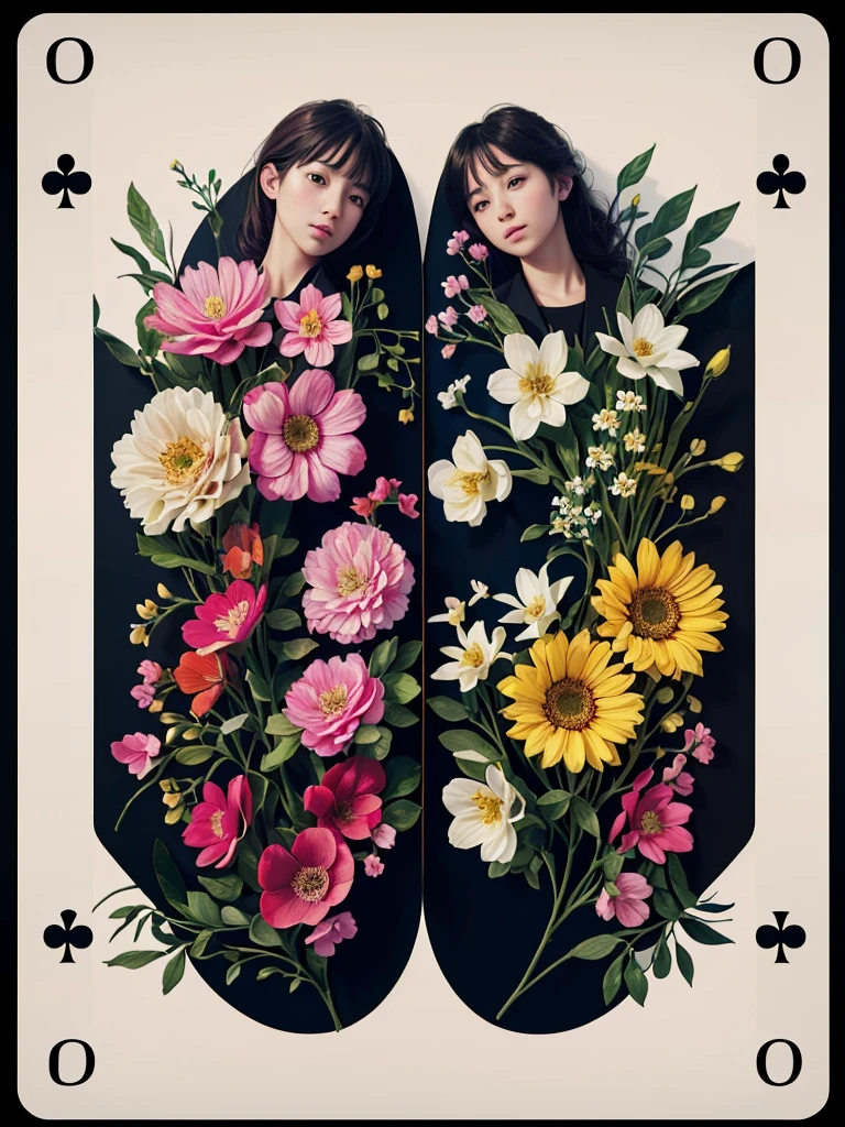 Symmetry, 2girls, card, detailed artwork, vibrant colors, soft lighting, oil painting style, floral patterns, delicate brushstrokes, high resolution. (best quality,4k,8k,highres,masterpiece:1.2), ultra-detailed, (realistic,photorealistic,photo-realistic:1.37), HDR, UHD, studio lighting, extreme detail description, professional.