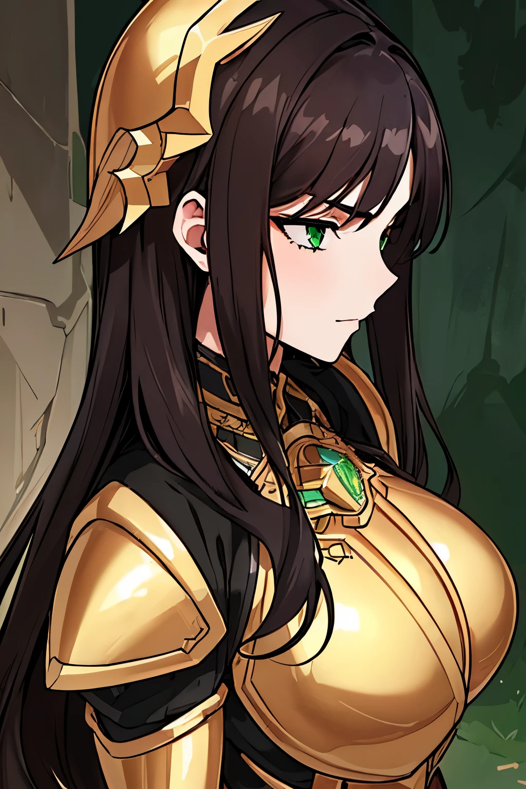 ((masterpiece)), ((best quality)), 1girl, adult, big bust, ((dark hair)), ((intimidant look)), ((close-up)), profile image, golden clothes, sexy, dark colors, green eyes, full body, armored, gold armor