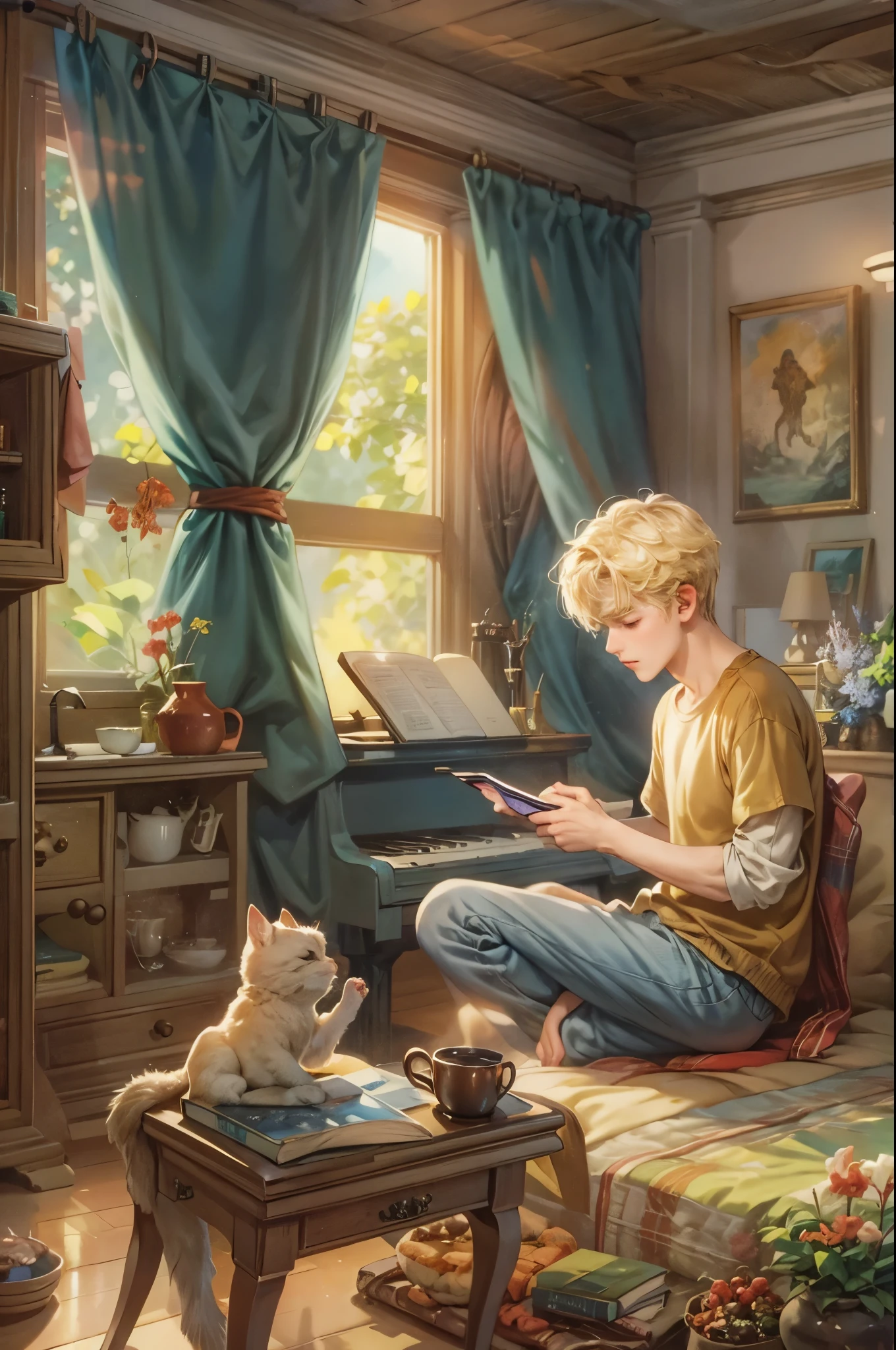((Best quality)), ((masterpiece)), (detailed), ((perfect face)), ((halfbody)) handsome blonde young boy artist, engaging in various activities within his cozy home nestled in a serene forest. Capture moments of his daily life, such as using his smartphone, digital painting, reading, playing a musical instrument, or enjoying a cup of tea, as he explores his creativity and self-discovery, all while surrounded by the warmth and comfort of his sanctuary