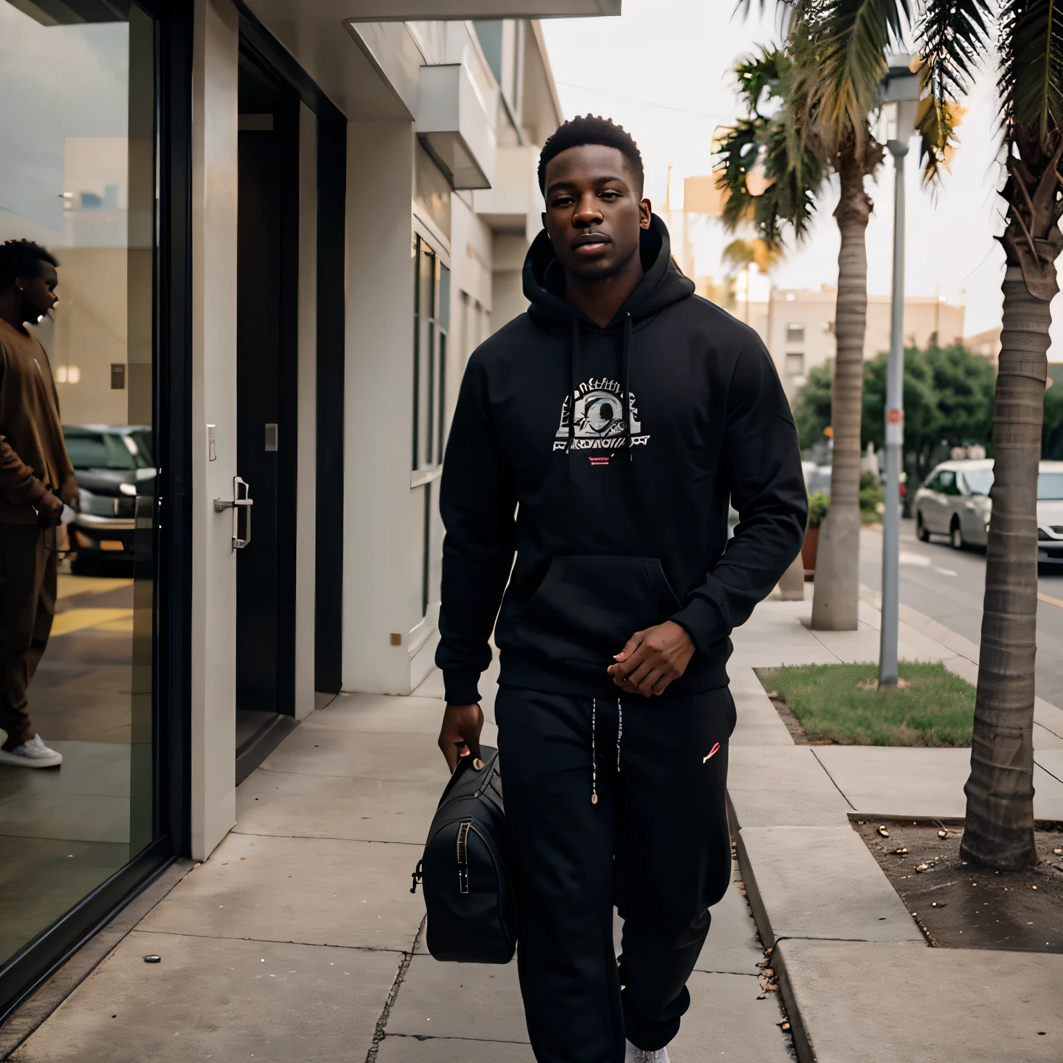 Photo realistic cinematic attractive African American man, muscular, wearing hoodie and sweat pants, holding gucci duffel bag, sensual eyes, full lips, walking out of luxury condominium
