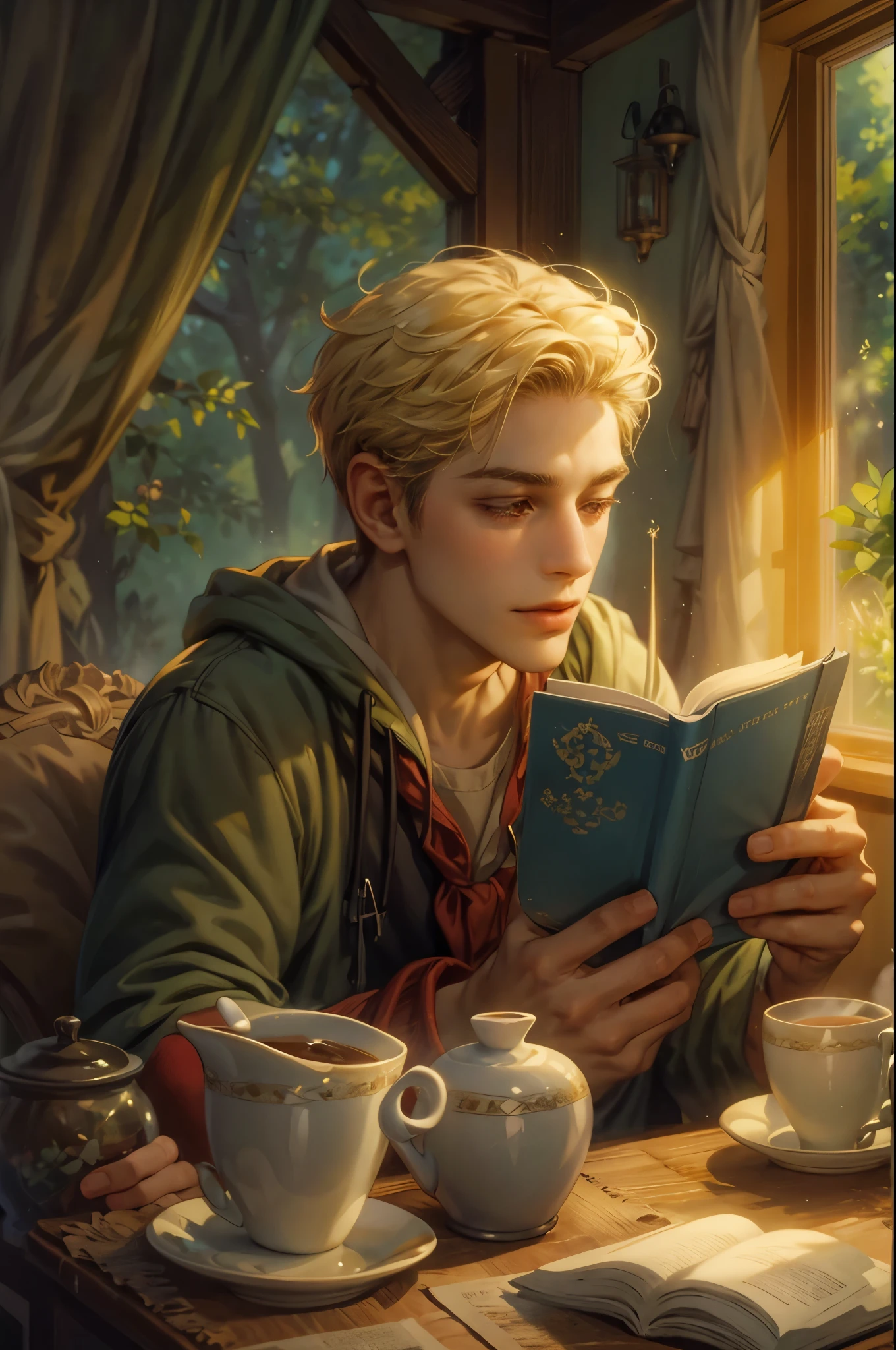 ((Best quality)), ((masterpiece)), (detailed), ((perfect face)), ((halfbody)) handsome blonde young boy artist, engaging in various activities within his cozy home nestled in a serene forest. Capture moments of his daily life, such as using his smartphone, digital painting, reading, playing a musical instrument, or enjoying a cup of tea, as he explores his creativity and self-discovery, all while surrounded by the warmth and comfort of his sanctuary