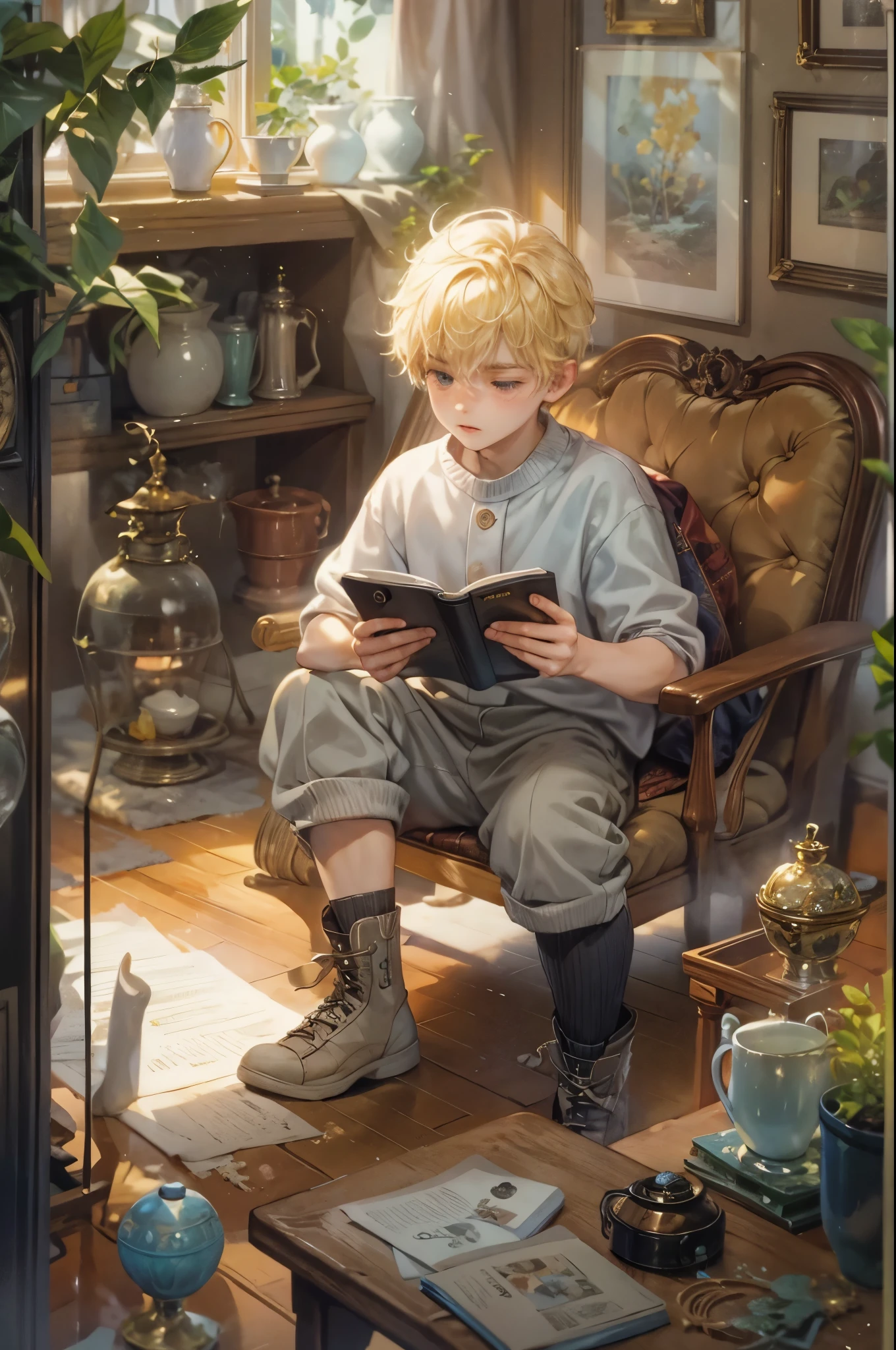 ((Best quality)), ((masterpiece)), (detailed), ((perfect face)), ((halfbody)) handsome blonde young boy artist, engaging in various activities within his cozy home nestled in a serene forest. Capture moments of his daily life, such as using his smartphone, digital painting, reading, playing a musical instrument, or enjoying a cup of tea, as he explores his creativity and self-discovery, all while surrounded by the warmth and comfort of his sanctuary