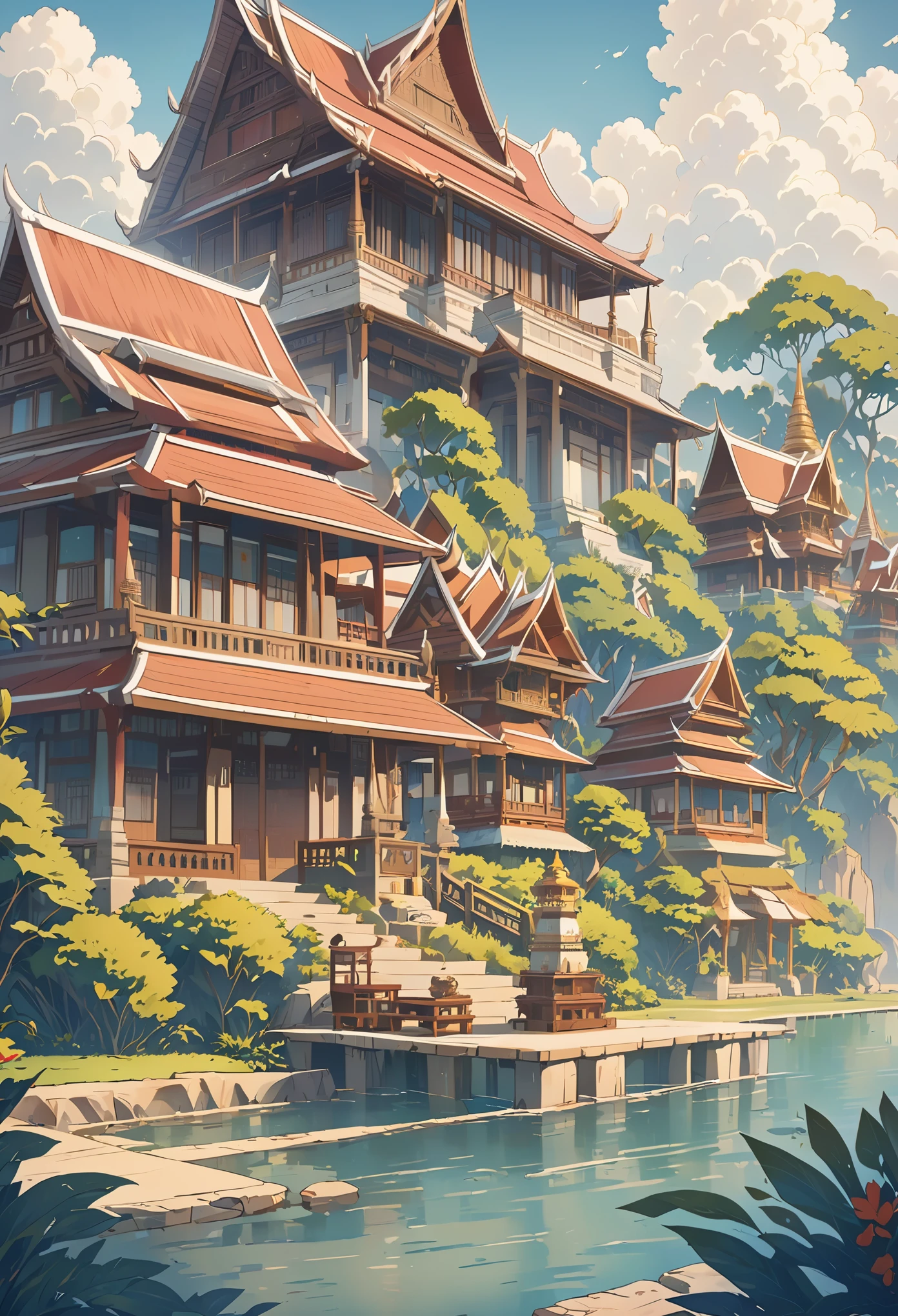 Thai architecture 2D , Faded image ,vintage color, lined up, Very high quality work , Very high detail , There are many different types combined. , Ghibli style animation, 4K