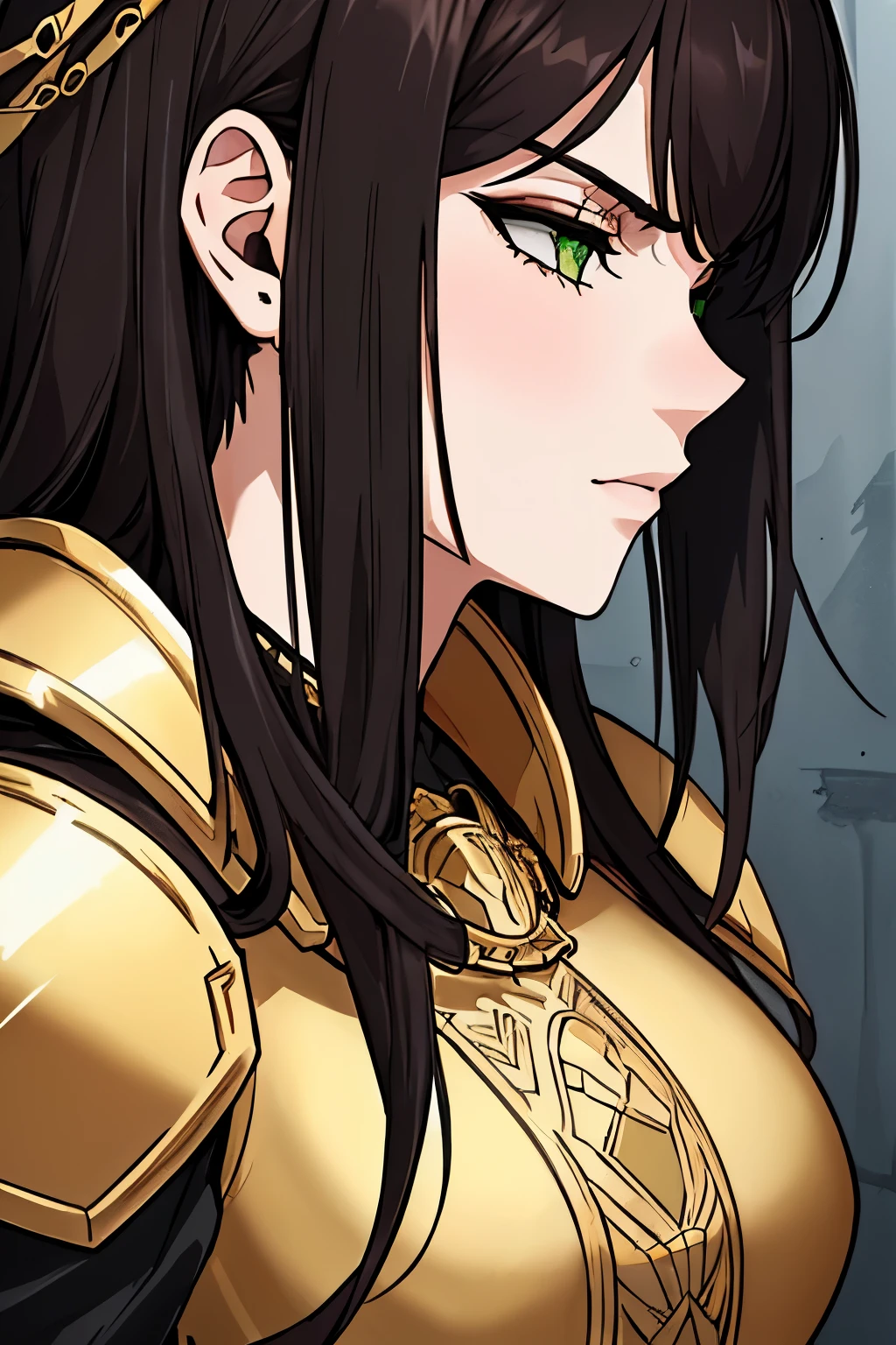 ((masterpiece)), ((best quality)), 1girl, adult, big bust, ((dark hair)), ((intimidant look)), ((close-up)), profile image, golden clothes, sexy, dark colors, green eyes, armored, gold armor