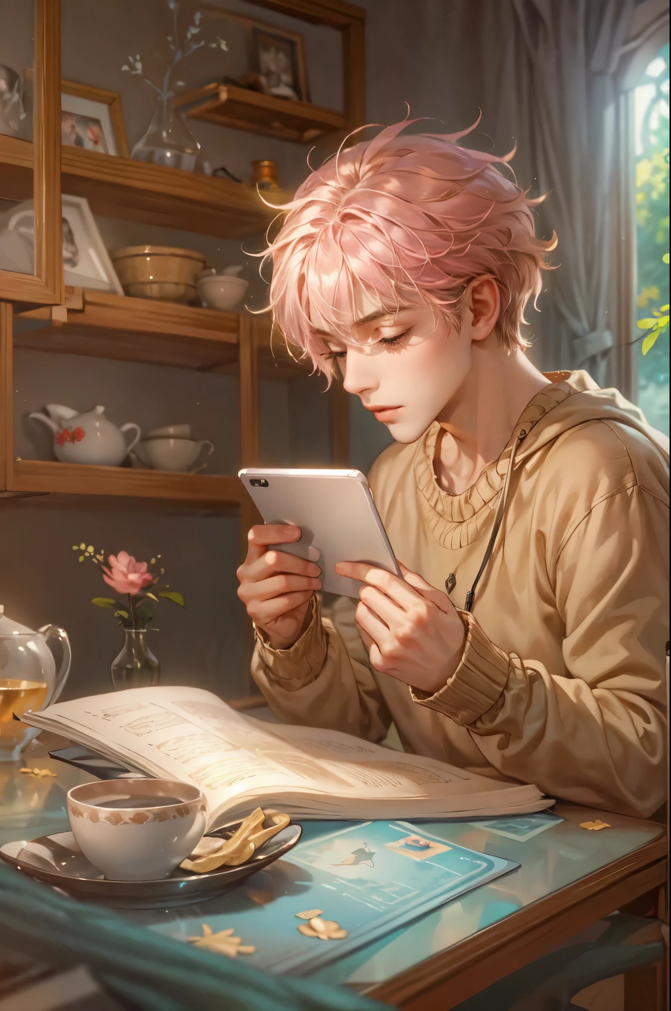 ((Best quality)), ((masterpiece)), (detailed), ((perfect face)), ((halfbody)) handsome young boy artist, pink hair, engaging in various activities within his cozy home nestled in a serene forest. Capture moments of his daily life, such as playing on smartphone, modern tablet painting, reading, playing a musical instrument, or enjoying a cup of tea, as he explores his creativity and self-discovery, all while surrounded by the warmth and comfort of his sanctuary