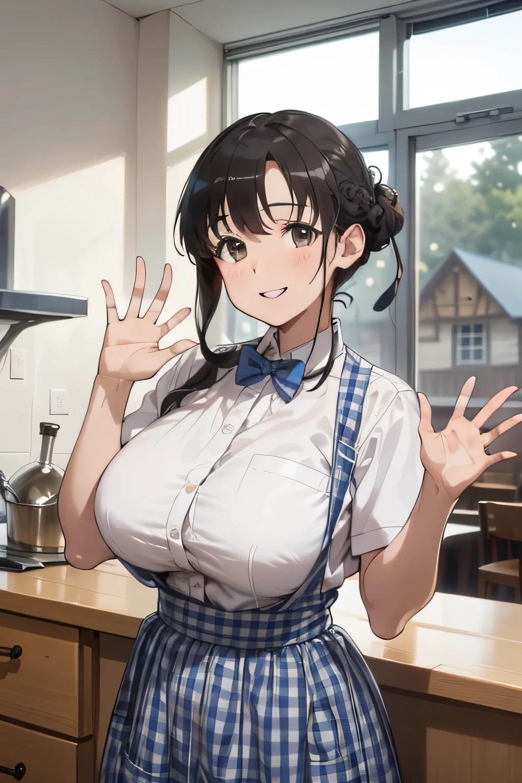 ((masterpiece)), ((best quality)), (ultra-detailed), ((extremely detailed)), 4K, (8K), best quality,, ((((perfect anatomy)))), five fingers, ((((beautiful detailed eyes)))), (((world-class quality))), photorealistic, extremely detailed, high resolution, (detailed shaded pretty face), (((house wife))), solo, (((sagging breasts))), ((glowing detailed skin and hair)), white-skinned, (((glistening skin))), , baby face, black hair, happy smile, huge ass,, potbelly, KRU ,blue bow, blue bowtie, white shirt, short sleeves, blue skirt, blue apron, gingham apron, employee uniform, high-waist skirt, ((half updo)), waving at viewer
