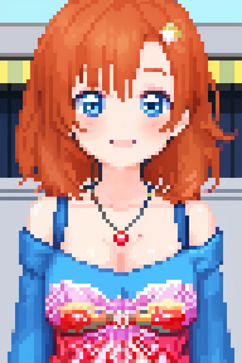 masterpiece, best quality, wallpaper, upper body, kousaka honoka, orange hair,blue eyes,off shoulder t-shirt, necklace,pixel_art,in street , cute smile , hair ornaments, blushing ,big breasts
