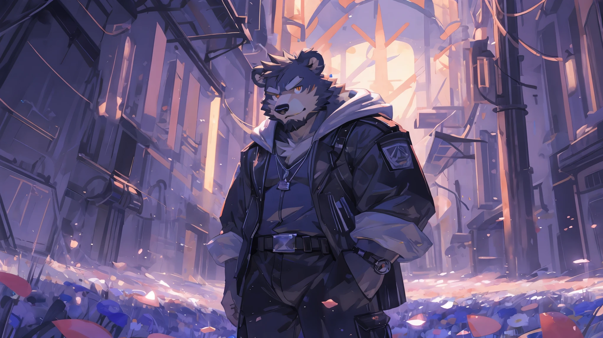 (masterpiece:1.2), best quality,pixiv,official art,(Ray tracing, light), (flower petal in the sky :1.3), (1_male:1.3), (solo:1.2) , portrait , (muscle), (gray fur:1.4), (muscle bear), (bear tail), (beard:1.2), (gleaming golden eyes), Thick eyebrows, cyberpunk, neon light, black vest,white open hoodie, cargo shorts , Salar de Uyuni ,reflection, looking at viewer, full body