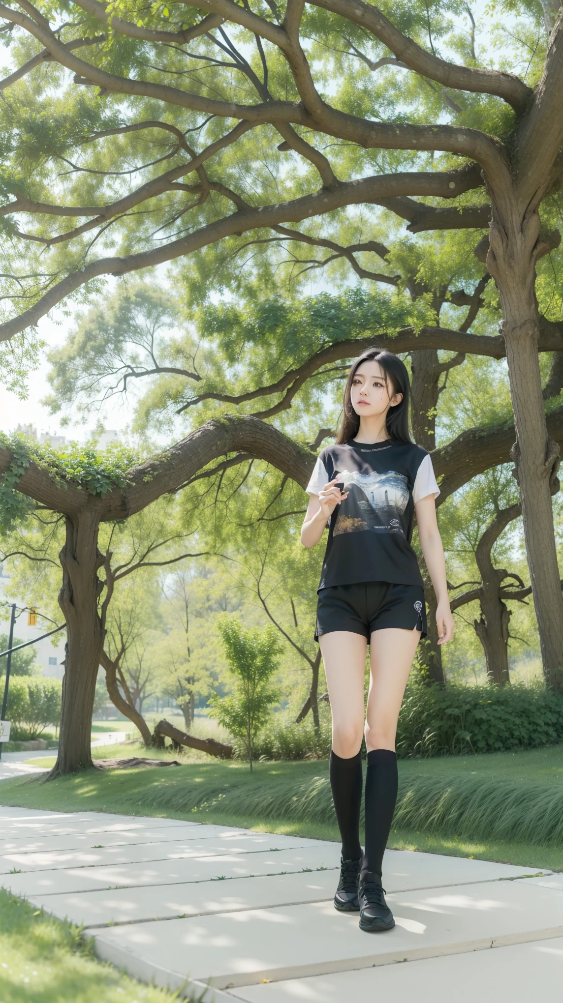 (best quality),(masterpiece),high details,extremely_detailed_CG_unity_8k_wallpaper,1girl, solo, long_hair, shirt, black_hair, outdoors, shorts, day, socks, black_footwear, tree, kneehighs, black_shirt, black_shorts, grass, walking, road, print_shirt, path