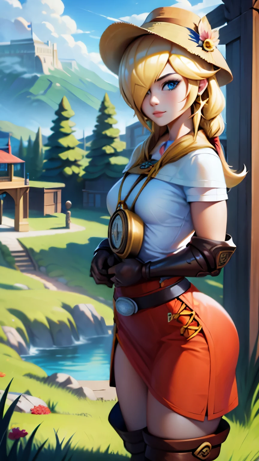 (masterpiece), sexy, sensual, best quality, expressive eyes, perfect face, highres, (female body:1.3),1 girl, solo, ootLink girl, hat, long hair, blonde hair, (green tunic), belt, fingerless gloves, boots, field, grass, trees, landscape, depth of field, smiling, standing, upper body portrait, looking at the viewer, from frontal,  Skimpy