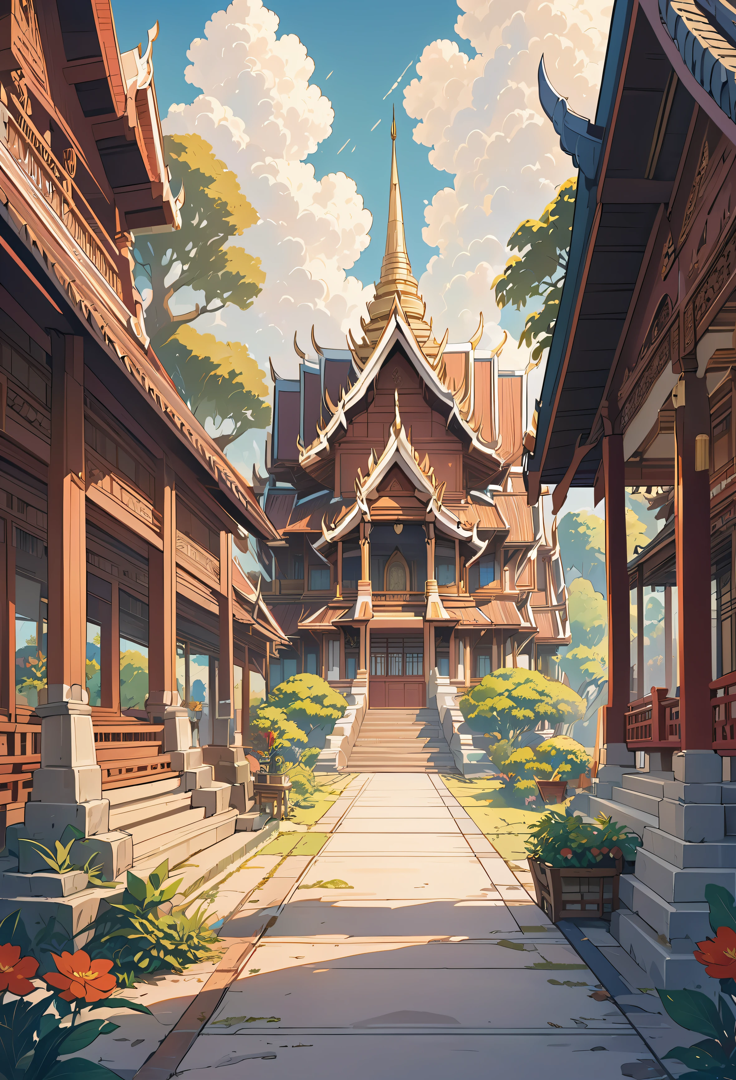 Thai architecture 2D , faded picture ,vintage color, lined, Very high quality work , Very high detail , There are many types combined.. , Ghibli style animation, 4k
