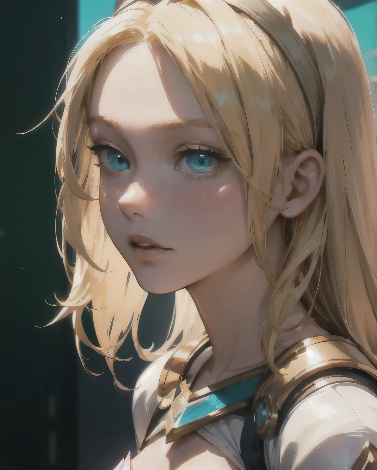 1girl, lux from leagueoflegends, long hair, blonde hair, hair band, perfect eyes, deep green eyes, extremely close up, white background,