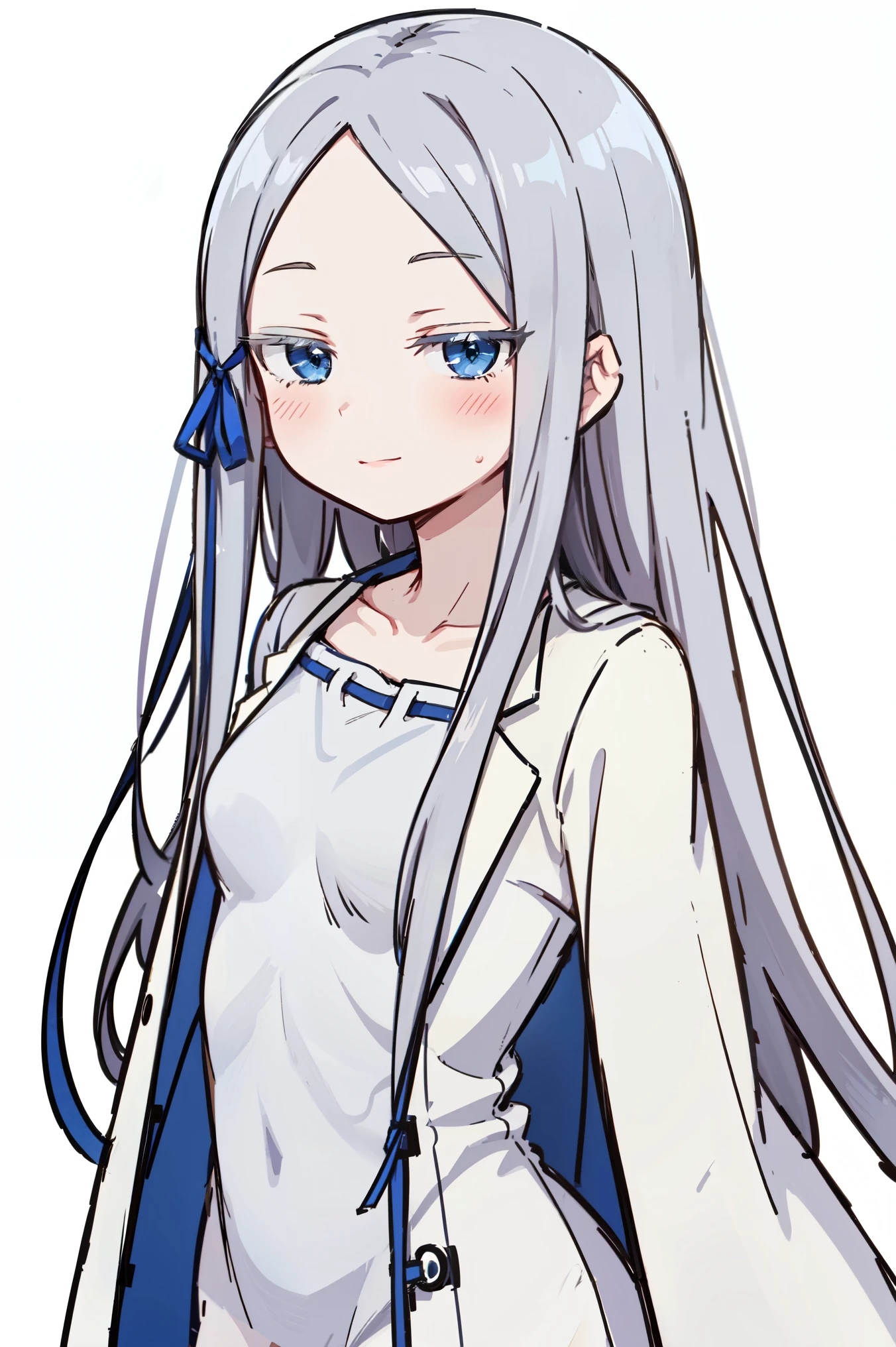 (masterpiece, best quality, ultra high quality, by quan, sketch:1.1), ((portrait)), 1girl, solo, pandora, blue eyes, long hair, grey hair, white hair, forehead, blush, bangs, small breasts, parted bangs, barefoot, neutral, innexpressive, small smile, thighs, hair ribbon, white dress, (((overcoat, white coat))), formal jacket, (arms behind back), upper body, standing,, isometric lightning, white background, simple background