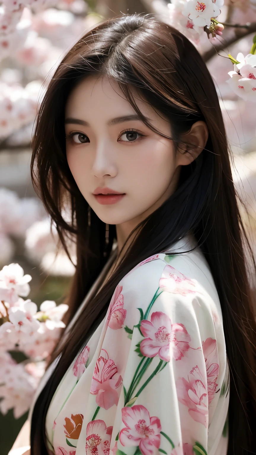 Beautiful Japanese supermodel woman, A lock of hair with slight highlights, black eyes, mixed media, Sexy,Sakura background,Gorgeous kimono , Liquid color flows across her face, Backlight