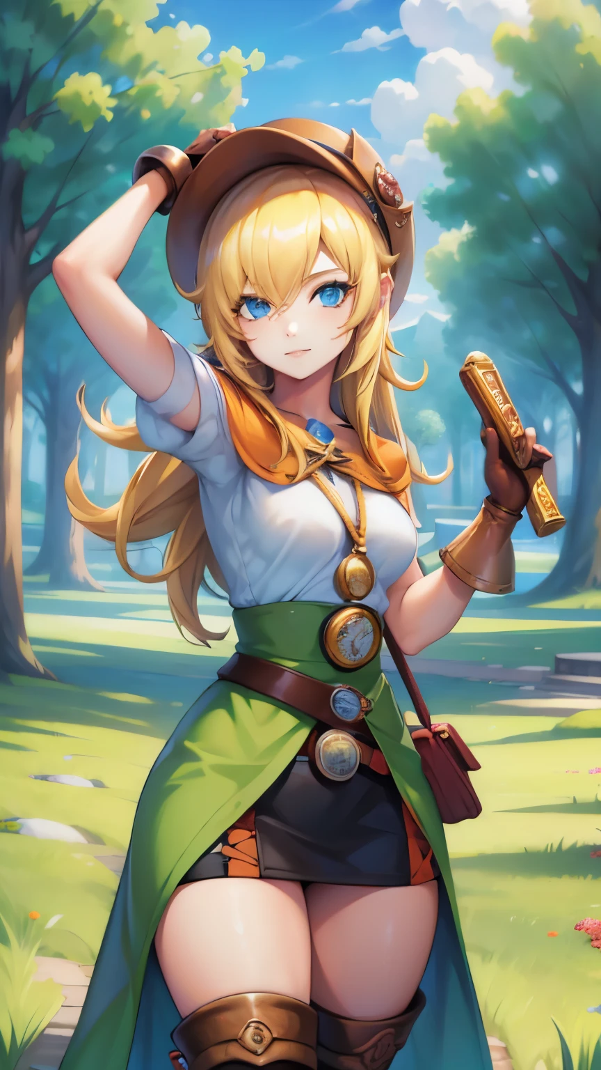 (masterpiece), sexy, sensual, best quality, expressive eyes, perfect face, highres, (female body:1.3),1 girl, solo, ootLink girl, hat, long hair, blonde hair, (green tunic), belt, fingerless gloves, boots, field, grass, trees, landscape, depth of field, smiling, standing, upper body portrait, looking at the viewer, from frontal,  Skimpy