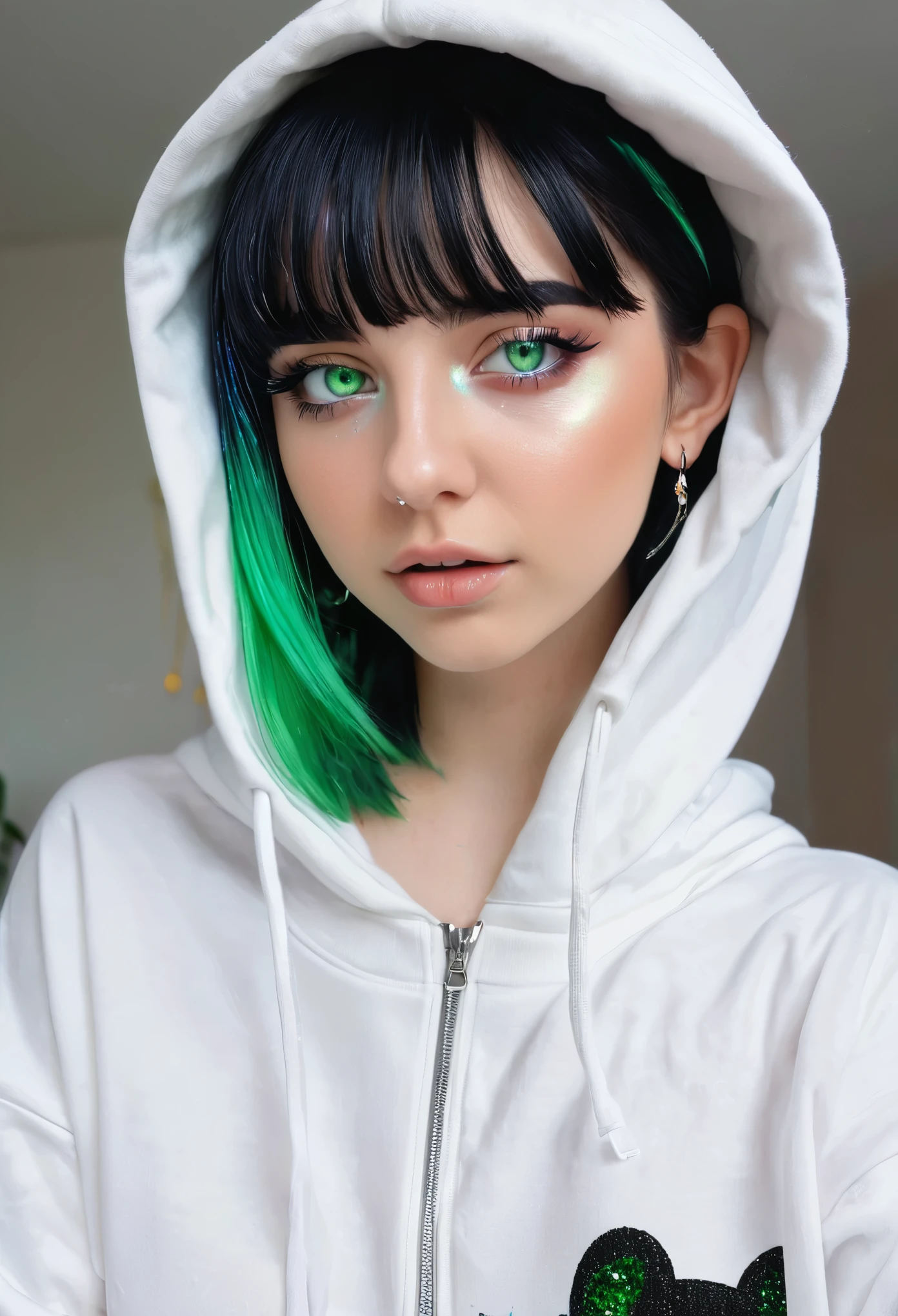 best quality, 1girl,18 years old, medium shot, iridescent narrow eyes, black shimmer hair, white eyebrow, glowing hair, (iridescent black hair), earrings, bangs, jewelry, blunt bangs, green eyes, blurry, hair ornament, short hair, pale white skin, slender, small breasts, highly detailed, ((Hoodie with zipper open in front)), (((show off sports bra))),  public rape, ((((perfect orgasm face, ahegao)))), crying, (Pull up your bra  and pinch your nipples),((( raped by 5 people)), (((ejaculated by 5 people))), ((((sperm on face)))), sit down, squat, lying, raise one leg,  intense rape, ((((1 boy), handjob, fellatio, intense sex, male genitals moving in and out of the pussy, shaved pussy))), (((((Rape of 1 girl and 5 men))))),