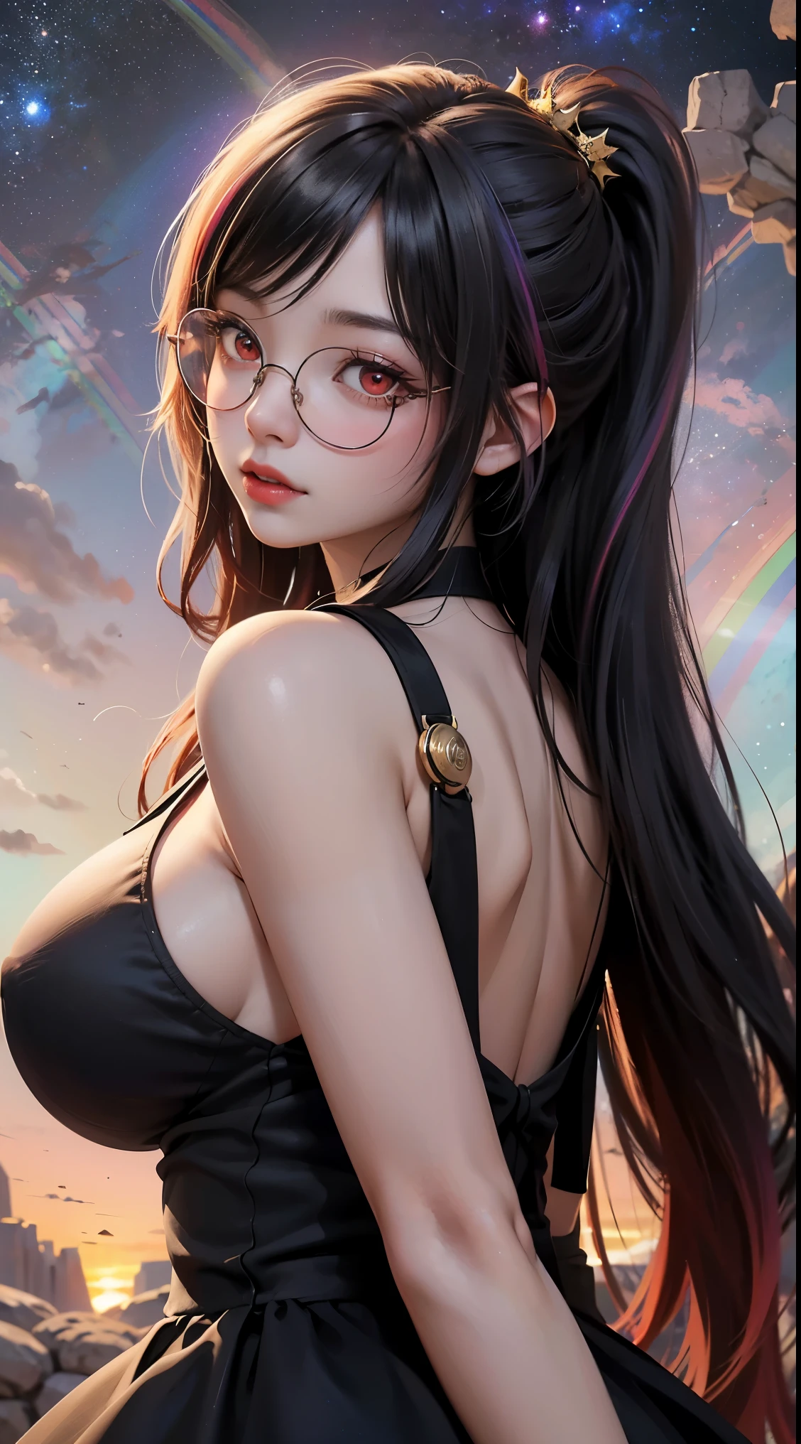 1名 27歳 woman, got it、(best illustrations)、8k UHD resolution、intricate details、最high quality、realistic、Super detailed、best lighting、best shadow、soft lighting、ultra hd、dungeon and Dragon、cave、dungeon、 necromancer、night、dark style、Succubus、devil'Daughter of、bat wings,(((デーモンホーンラック縁round glasses))))、(((big breasts)))、(devil'Tail)、(red eyes shine:1.6)、masterpiece、beautiful features、Tyndall effect、realisticphotograph、(high detail skin:1.2)、8KUHD、Digital single-lens reflex camera、high quality、photograph、High resolution、 absurd、Ponytail distortion、Optimal ratio of 4 fingers and 1 thumb、1 girl、hair ornaments、真っ赤に輝くgemのネックレス、gem、beautiful expression、body up、big breasts emphasis、tight waist、wide ass、Tyndall effect、Photoreal、(high detail skin:1.2)、dark and mysterious version, lipstick red lips, thin and beautiful lips, Don'don't laugh, please keep your mouth shut, Characters created by Karol Baku and Pino Denis, intricate details, detailed background, very detailed, magic of light, woman, cute face, ((((giant glasses, otaku glasses, thick glasses, round glasses))))、 looking at the Upper body of the goddess , round chest, big and round chest, phoenix hair brooch, long hair with bangs, (Long hair has seven colors like a rainbow:1.9), Beautifully detailed face and well-proportioned eyes, (clear red eyes: 1.8), Big round eyes and very beautiful and detailed makeup, Visionary, long silk nightgowns, mysterious makeup, ブresponseレット, I dyed my side bangs light yellow.., Upper body, (goddess Upper body: 1.8), hanging arms, リアルで鮮やかなphotograph, (stars that make up : 1.7), ( Sky and imaginary space-time portal: 1.8), fiction art, RAWphotograph, 着物のphotograph, 最高のphotograph , expensive_response, 最high quality, 最高のphotograph, 8K quality, 8K Ultra , surrealism, 最も経済的な本物のphotograph, Artistic portrait of 12 signs, Symbol of one of the 12 signs on the back, 12 Single Portrait of the Goddess, 最もrealistic配色, 最高のphotograph color, masterpiece, hair ornaments, ネックresponse, jewelry, beautiful face, Upper body, Tyndall effect, photographのようにリアルな, Dark studio, border light, two tone light, (fine skin) expensive: 1.2), 8k UHD, Digital single-lens reflex camera, soft light, expensive quality, volume light, Frank, photograph, expensive responseolution, 4K quality, 8k, Bokeh, smooth and sharp, 10x more pixels, Charming goddess, sexy goddess, (background space: 1.8), (milky way: 1.7), aurora, lightning, (auroraの背景: 1.8) <roller:crazy_perfect eyes_v1_from_v1_, beautiful goddess and flowers,