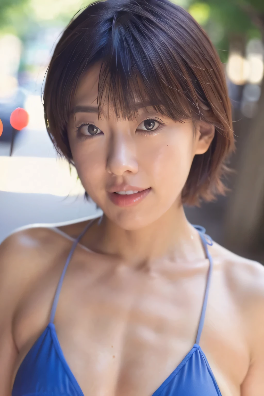 NSFW:1.5,((highest quality、8K resolution、master masterpiece、portrait:1.3)), Photoreal, 35mm film, 1 Japanese female, Upper body,Beautiful woman, on the street during the day, wrinkles around the eyes, plump body,smile,boyish_short hair、((blue micro bikini:1.3)) , (outdoors:city street 1.3), jumbled background,look at the audience,Tokyo cityscape:1.3、open your mouth