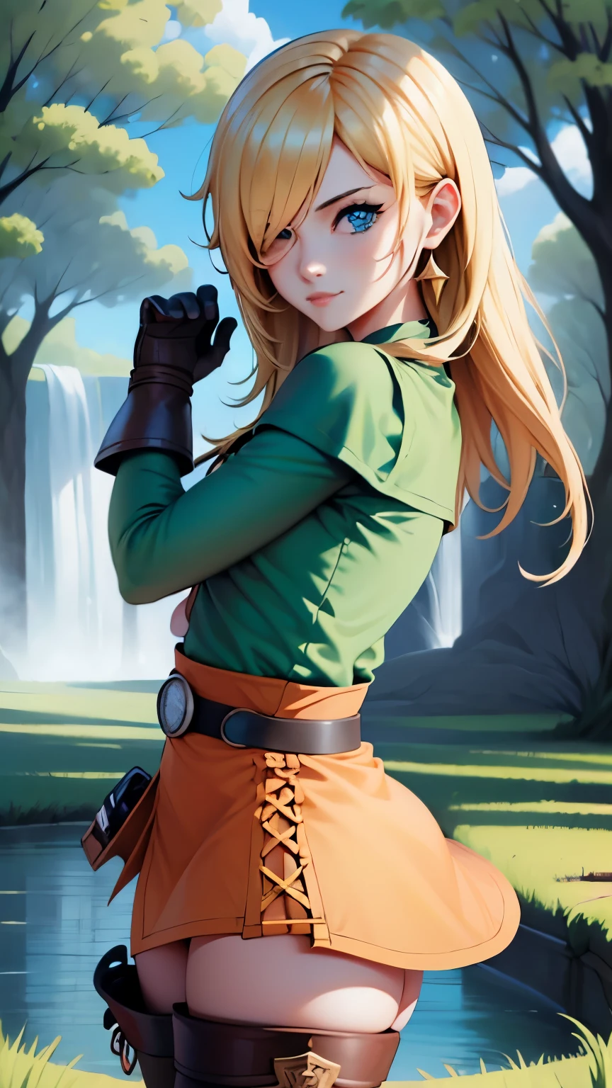 (masterpiece), sexy, sensual, best quality, expressive eyes, perfect face, highres, (female body:1.3),1 girl, solo, ootLink girl, hat, long hair, blonde hair, (green tunic), belt, fingerless gloves, boots, field, grass, trees, landscape, depth of field, smiling, standing, upper body portrait, looking at the viewer, from frontal,  Skimpy