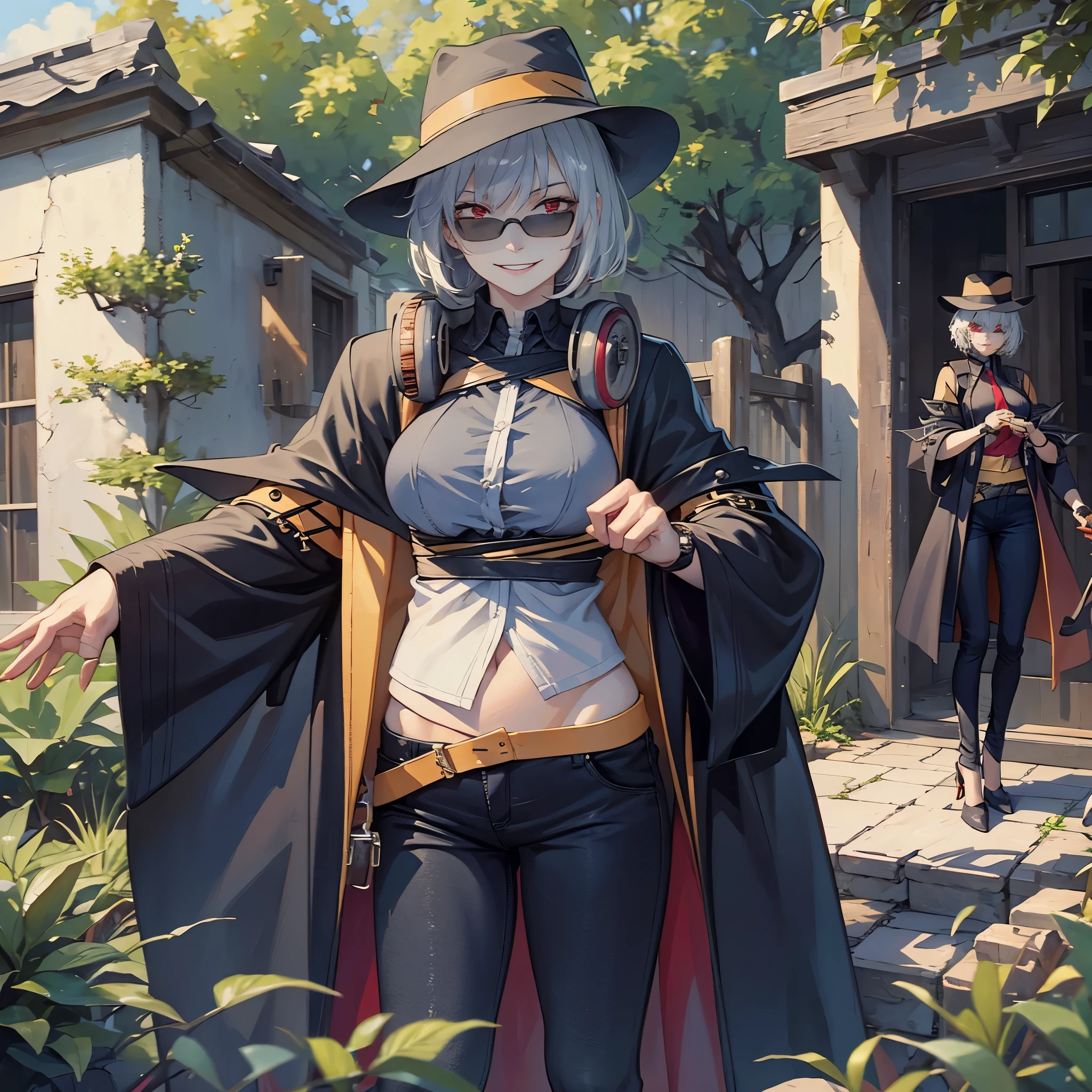 A woman wearing a long black coat, hat, sunglasses, dark jeans, short silver hair, red eyes, smiling, stands in front of a 1950s American house with a garden around it.
