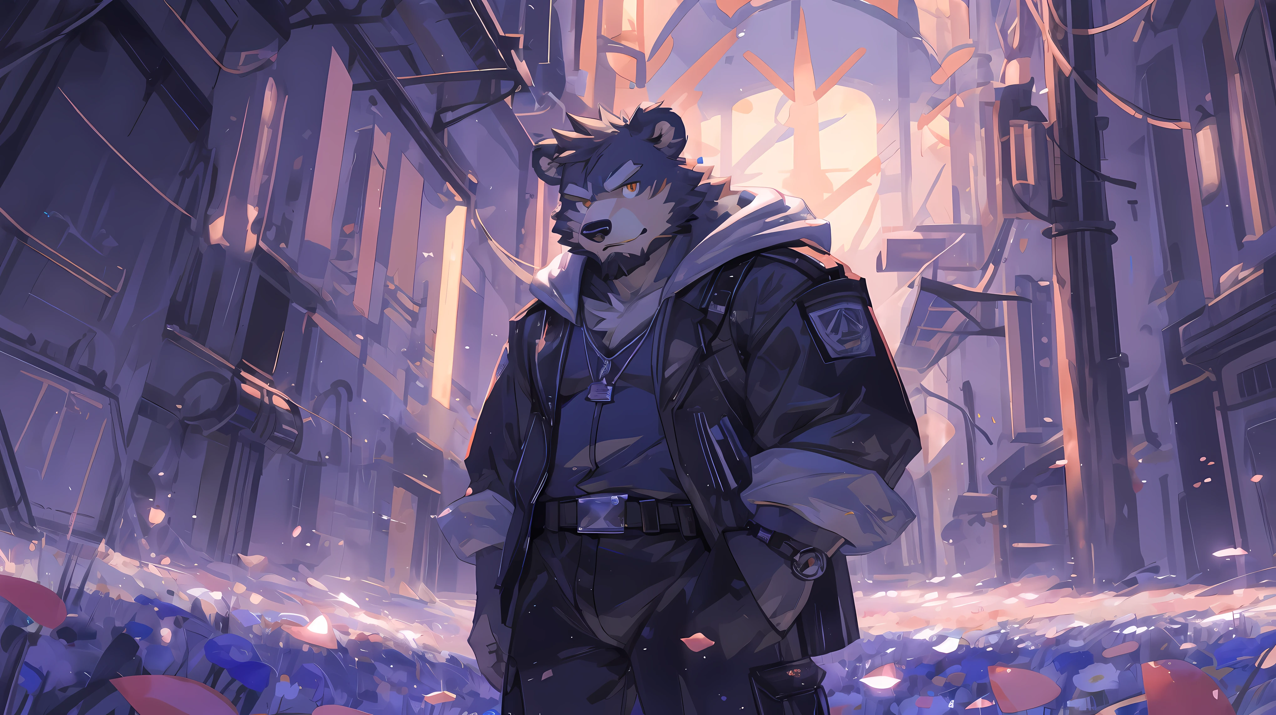 (masterpiece:1.2), best quality,pixiv,official art,(Light线追踪, Light), (Petals in the sky :1.3), (1_male:1.3), (alone:1.2) , portrait , (muscle), (gray fur:1.4), (muscle bear), (bear tail), (beard:1.2), (闪闪发Light的金色眼睛), thick eyebrows, cyberpunk, neon Light, black vest,White open hoodie, cargo shorts , Salar de Uyuni ,reflection, looking at the audience, whole body