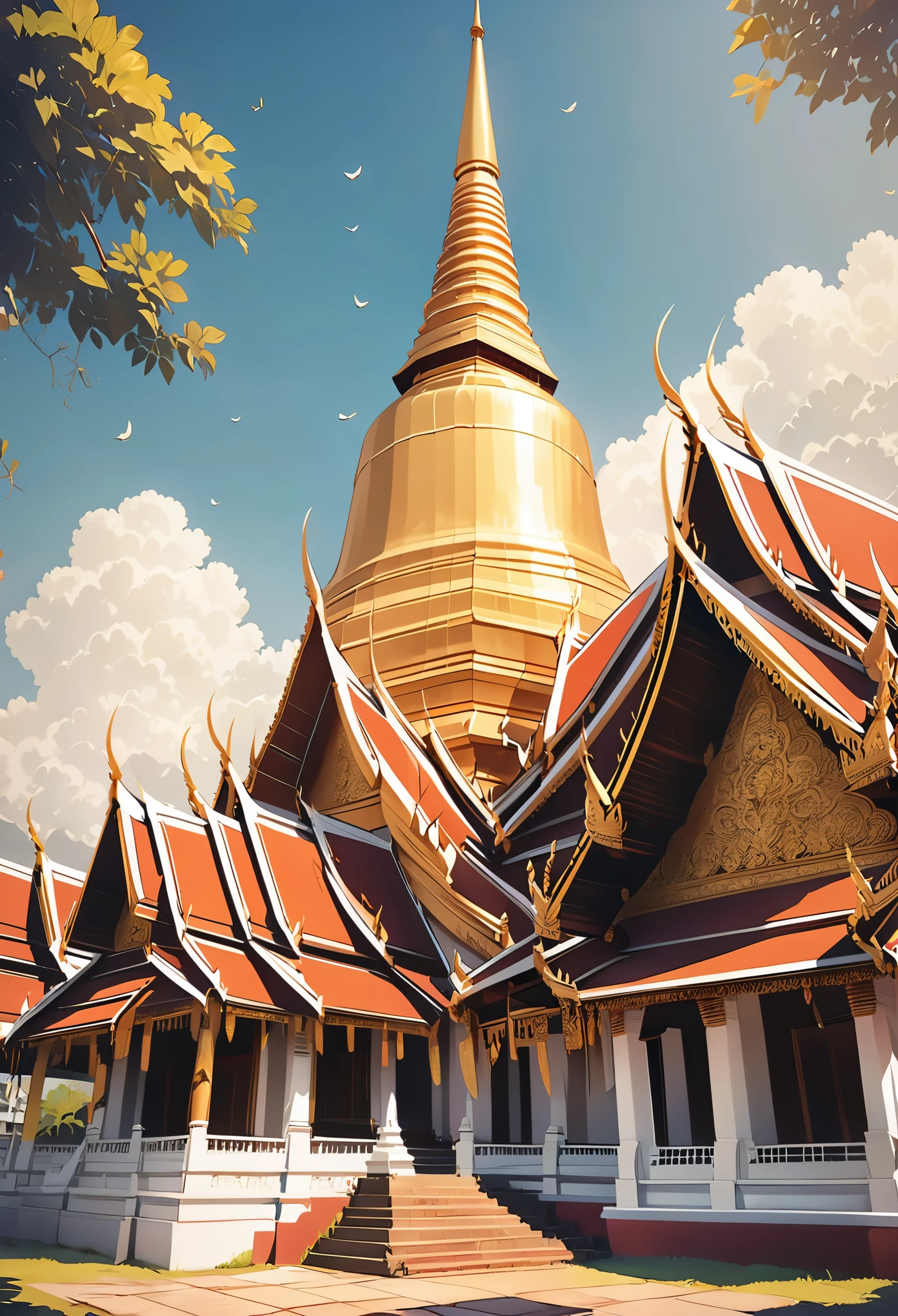 Chiang Mai, Wat Phra Singh, the North , Lanna style, Thai architecture 2D , Faded image ,vintage color, lined up, Very high quality work , Very high detail , There are many different types combined. , Animation, 4K, Perspective, vintage style , Thailand
