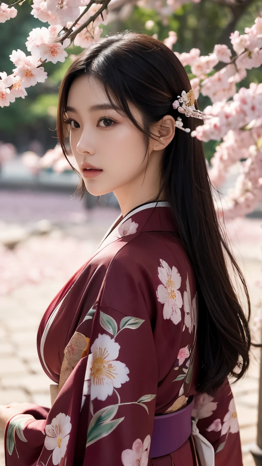 Beautiful Japanese supermodel woman, A lock of hair with slight highlights, black eyes, mixed media, Sexy，Sakura background，Gorgeous kimono , Liquid color flows across her face, Backlight