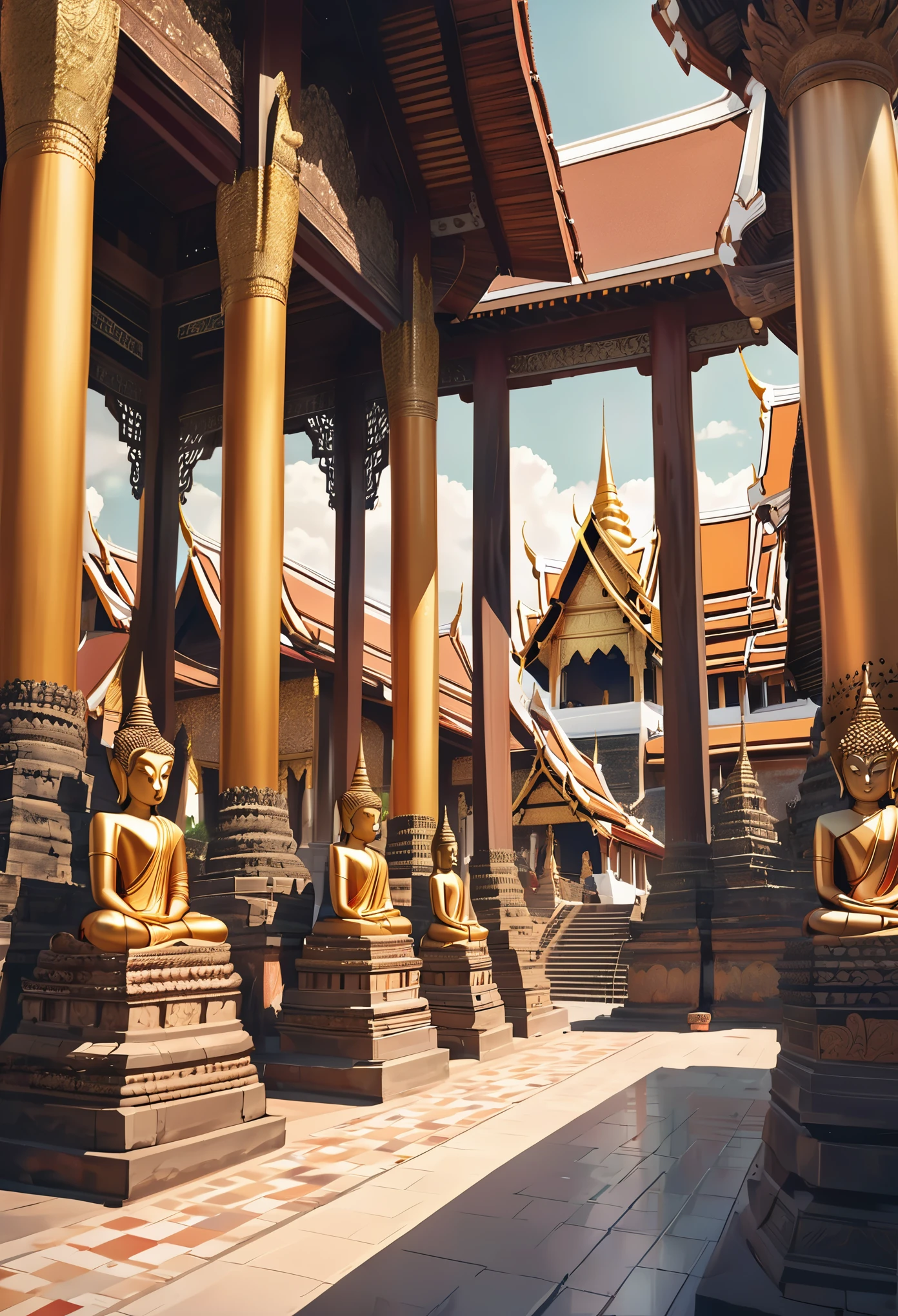 Chiang Mai, Wat Phra Singh, the North , Lanna style, Thai architecture 2D , Faded image ,vintage color, lined up, Very high quality work , Very high detail , There are many different types combined. , Animation, 4K, Perspective, vintage style , Thailand