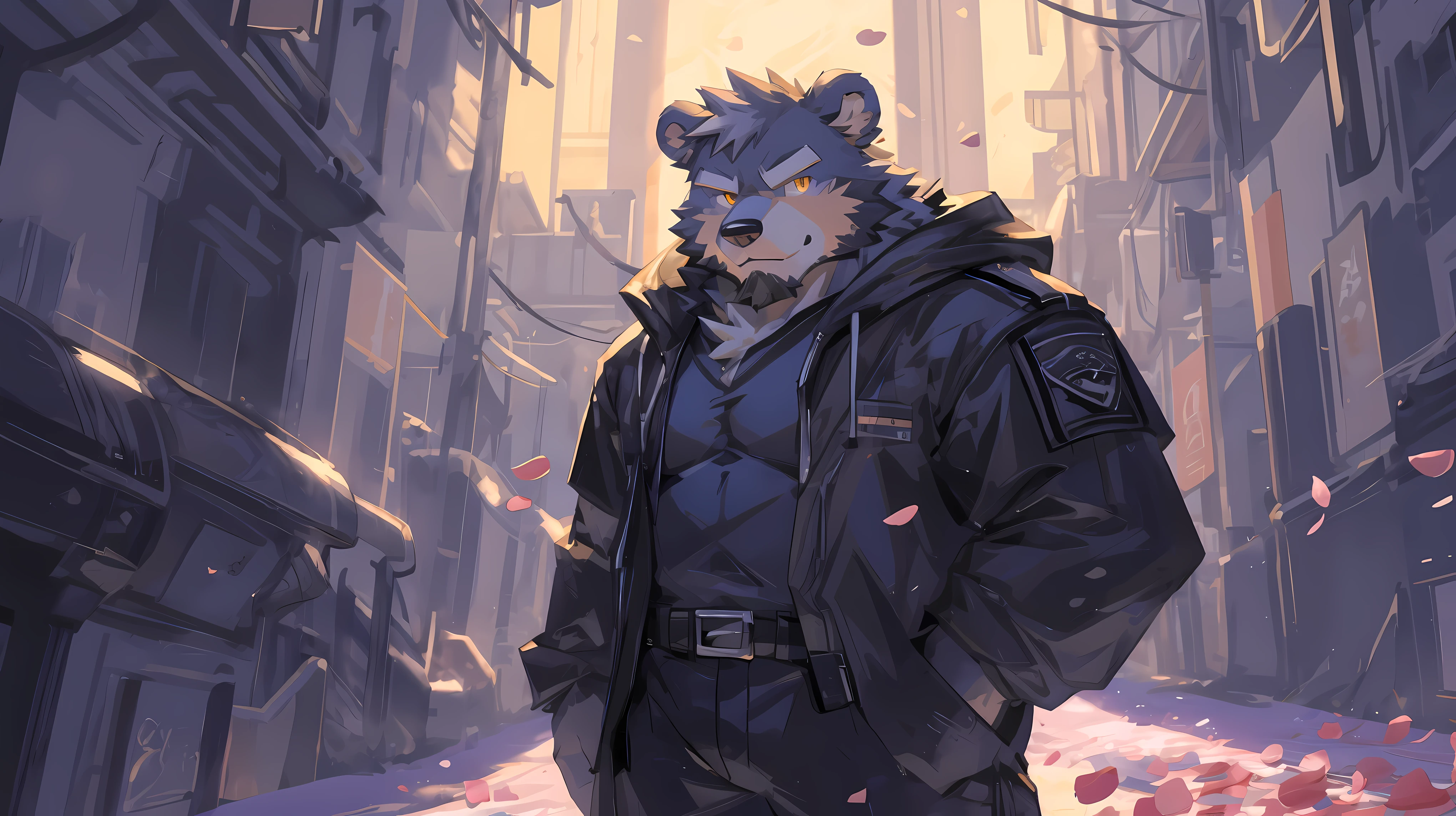(masterpiece:1.2), best quality,pixiv,official art,(Light线追踪, Light), (Petals in the sky :1.3), (1_male:1.3), (alone:1.2) , portrait , (muscle), (gray fur:1.4), (muscle bear), (bear tail), (beard:1.2), (闪闪发Light的金色眼睛), thick eyebrows, cyberpunk, neon Light, black vest,White open hoodie, cargo shorts , Salar de Uyuni ,reflection, looking at the audience, whole body