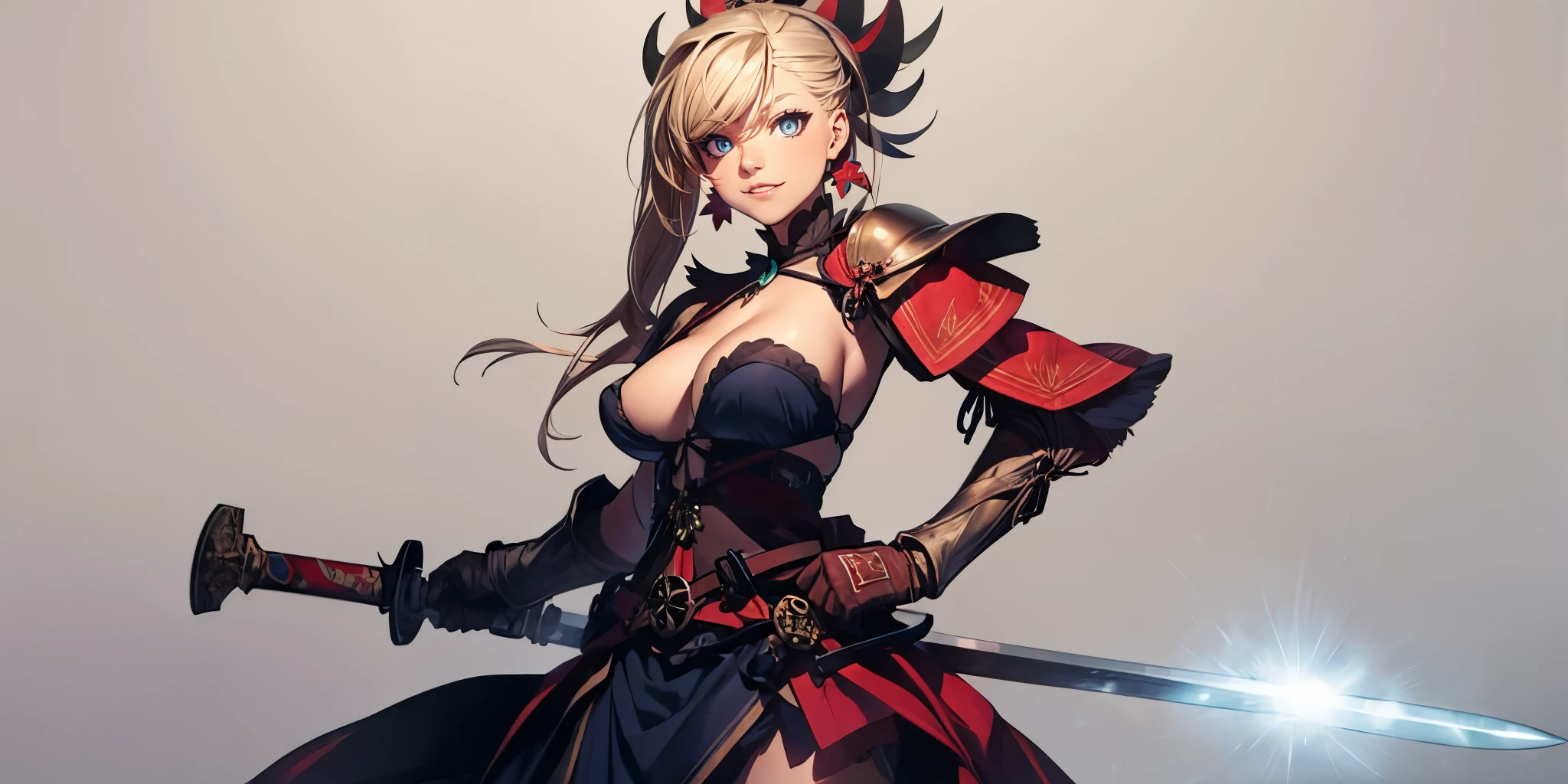 mmfate3, pink hair, bare shoulders, magatama, long hair, japanese clothes, ponytail, hair ornament, detached sleeves, asymmetrical hair, jewelry, earrings, sword, weapon, 1girl, solo, armor, long_hair, sheath, breasts, hand_on_hip, belt, large_breasts, grey_background, shoulder_armor, pauldrons, gloves, holding, (shaded face:1.2), hollow eyes, blue eyes, looking at viewer, seductive smile, glowing eyes, makeup, lips, "Photorealistic, Hyperrealistic, Hyperdetailed, analog style, soft lighting, subsurface scattering, realistic, heavy shadow, masterpiece, best quality, ultra realistic, 8k, golden ratio, Intricate, High Detail, film photography, soft focus"
