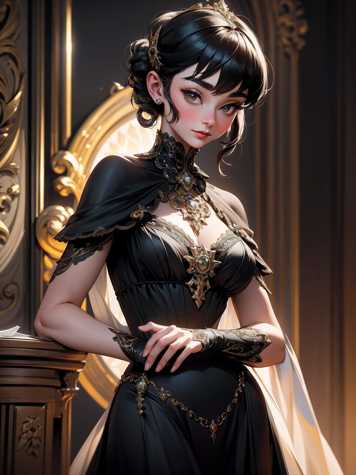 { - anatomy error} (Masterpiece - Ultra-Detailed, High Resolution) Prepare to be enchanted by a true masterpiece that combines ultra-detailed art with high-resolution rendering. This work shows a mesmerizing woman, with short, black hair, 1928s style,  Audrey Hepburn (1.3) and captivating dark brown eyes (1.2), New York illustration style, wearing red lipstick, emanating an aura of elegance and mystery. Wearing classic victorian dress 1928s clothing.  Intricate details and realistic textures invite you to explore every aspect of this enchanting composition. Black dress. reading, writing, walking, backwards, lying down, standing, dynamic poses, mouth closed. Different posture , dynamic poses, mouth closed. Different posture, with chin resting on shoulder. Perfect fingers. Get ready to dive into a world where beauty and craftsmanship merge perfectly.