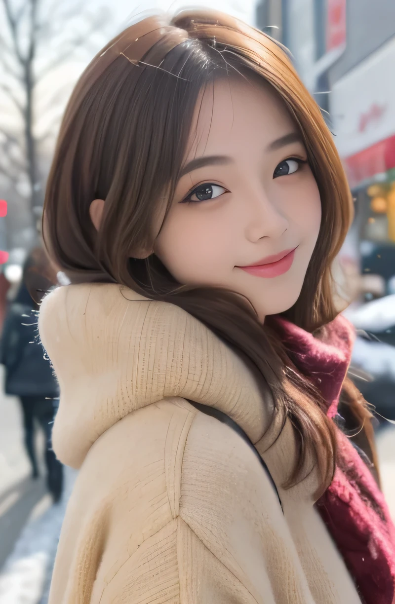 1 girl, highest quality, perfect figure, Super detailed, finely, High resolution, 8k wallpaper, Perfect dynamic figure, beautiful and detailed eyes,medium hair, natural color lip, bold sexy pose,smile,Harajuku、20-year-old, cute、sexy shot, looking at the viewer, Change costume randomly, (trendy winter clothes)