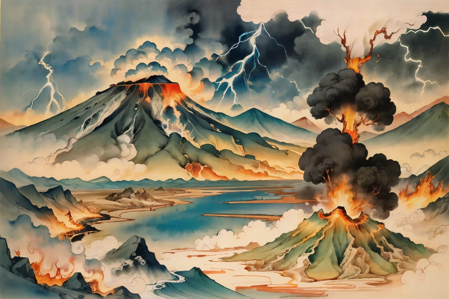 远处Volcano eruption, volcano exploding, Volcano eruption, Volcano eruption, river，ocean, Lava eruption, volcano background, lightning，thunder and lightning，Chinese painting，illustration style，watercolor，ink。