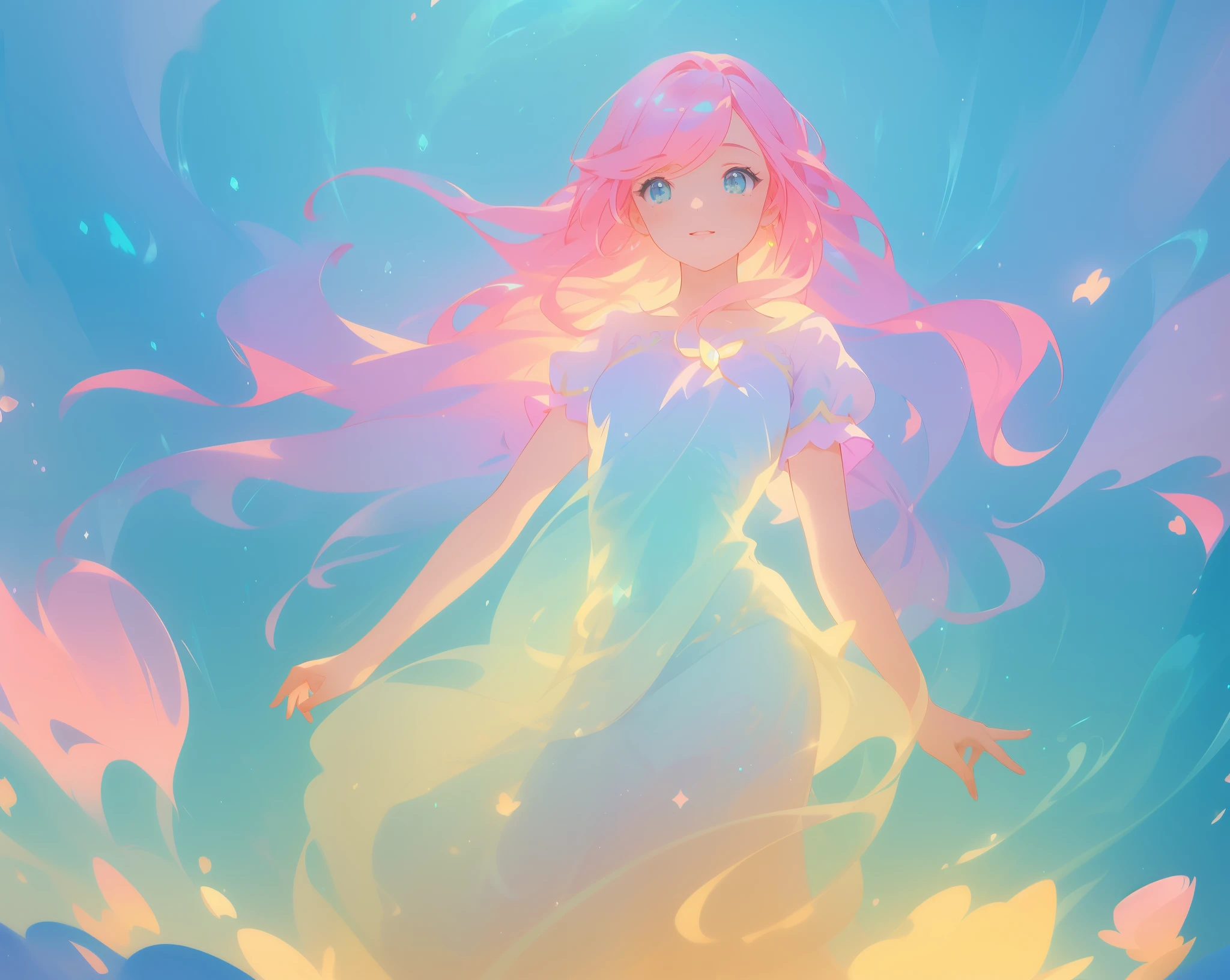 beautiful girl in sparkling puffy dress, vibrant pastel colors, (colorful), magical lights, long flowing colorful pink hair, otherworldly aqua and blue landscape background, inspired by Glen Keane, inspired by Lois van Baarle, disney art style, by Lois van Baarle, glowing aura around her, by Glen Keane, jen bartel, glowing lights! digital painting, flowing glowing hair, glowing flowing hair, beautiful digital illustration, fantasia background, whimsical, magical, fantasy, beautiful face, ((masterpiece, best quality)), intricate details, highly detailed, sharp focus, 8k resolution, sparkling detailed eyes, liquid watercolor