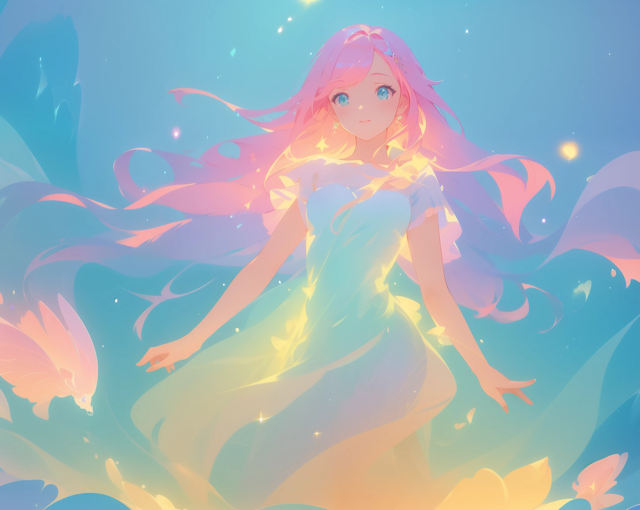 beautiful girl in sparkling puffy dress, vibrant pastel colors, (colorful), magical lights, long flowing colorful pink hair, otherworldly aqua and blue landscape background, inspired by Glen Keane, inspired by Lois van Baarle, disney art style, by Lois van Baarle, glowing aura around her, by Glen Keane, jen bartel, glowing lights! digital painting, flowing glowing hair, glowing flowing hair, beautiful digital illustration, fantasia background, whimsical, magical, fantasy, beautiful face, ((masterpiece, best quality)), intricate details, highly detailed, sharp focus, 8k resolution, sparkling detailed eyes, liquid watercolor
