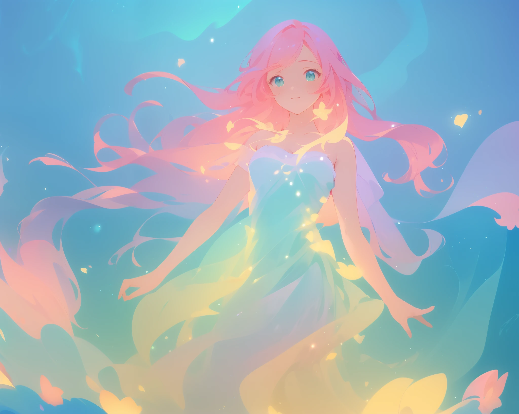 beautiful girl in sparkling puffy dress, vibrant pastel colors, (colorful), magical lights, long flowing colorful pink hair, otherworldly aqua and blue landscape background, inspired by Glen Keane, inspired by Lois van Baarle, disney art style, by Lois van Baarle, glowing aura around her, by Glen Keane, jen bartel, glowing lights! digital painting, flowing glowing hair, glowing flowing hair, beautiful digital illustration, fantasia background, whimsical, magical, fantasy, beautiful face, ((masterpiece, best quality)), intricate details, highly detailed, sharp focus, 8k resolution, sparkling detailed eyes, liquid watercolor