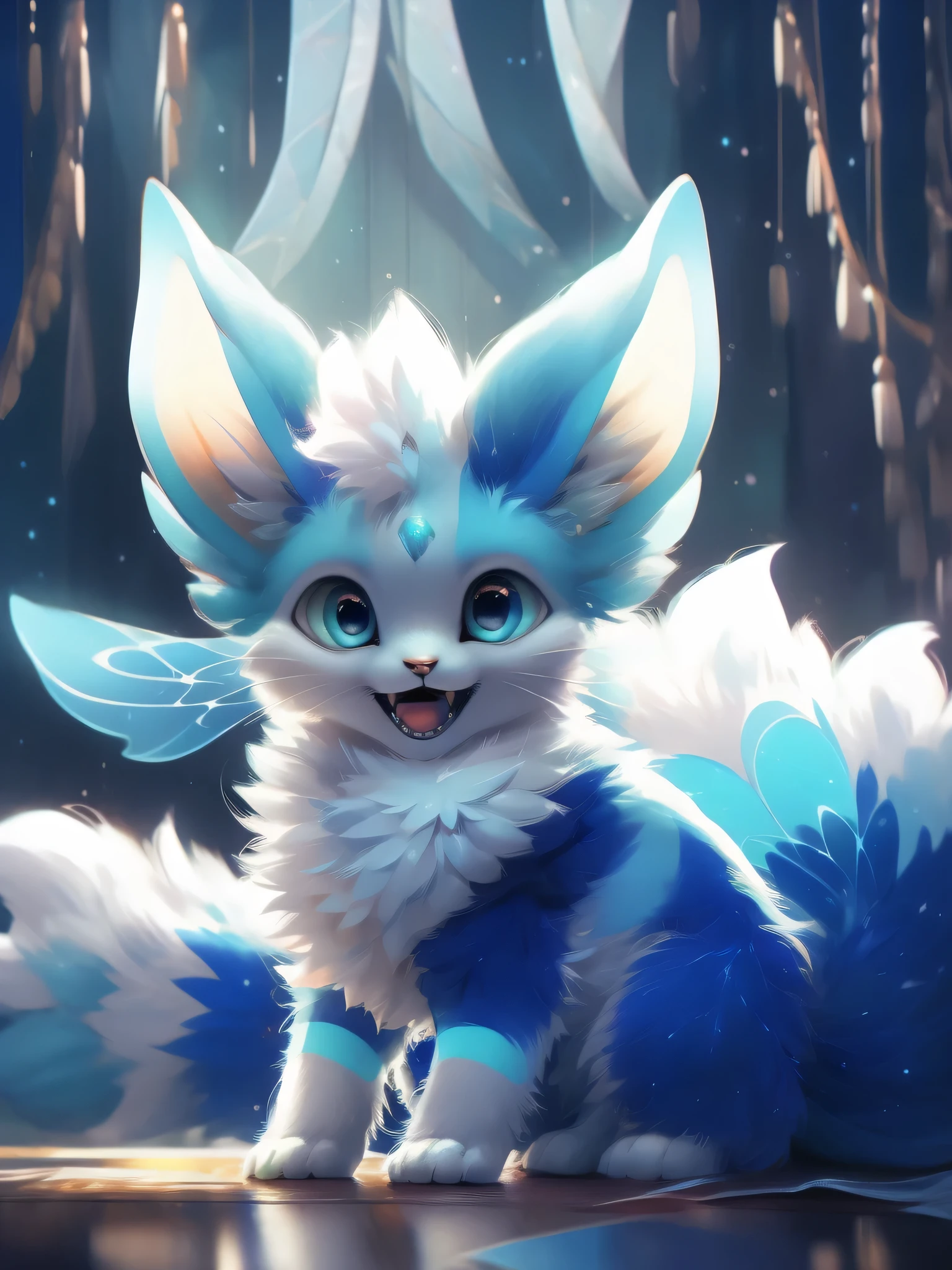 \ (best quality, high resolution, Super detailed), (actual:1.37), bright colors, (cyan theme:1.1) background, fairy cat, blue and white fur, Long furry tail, open mouth