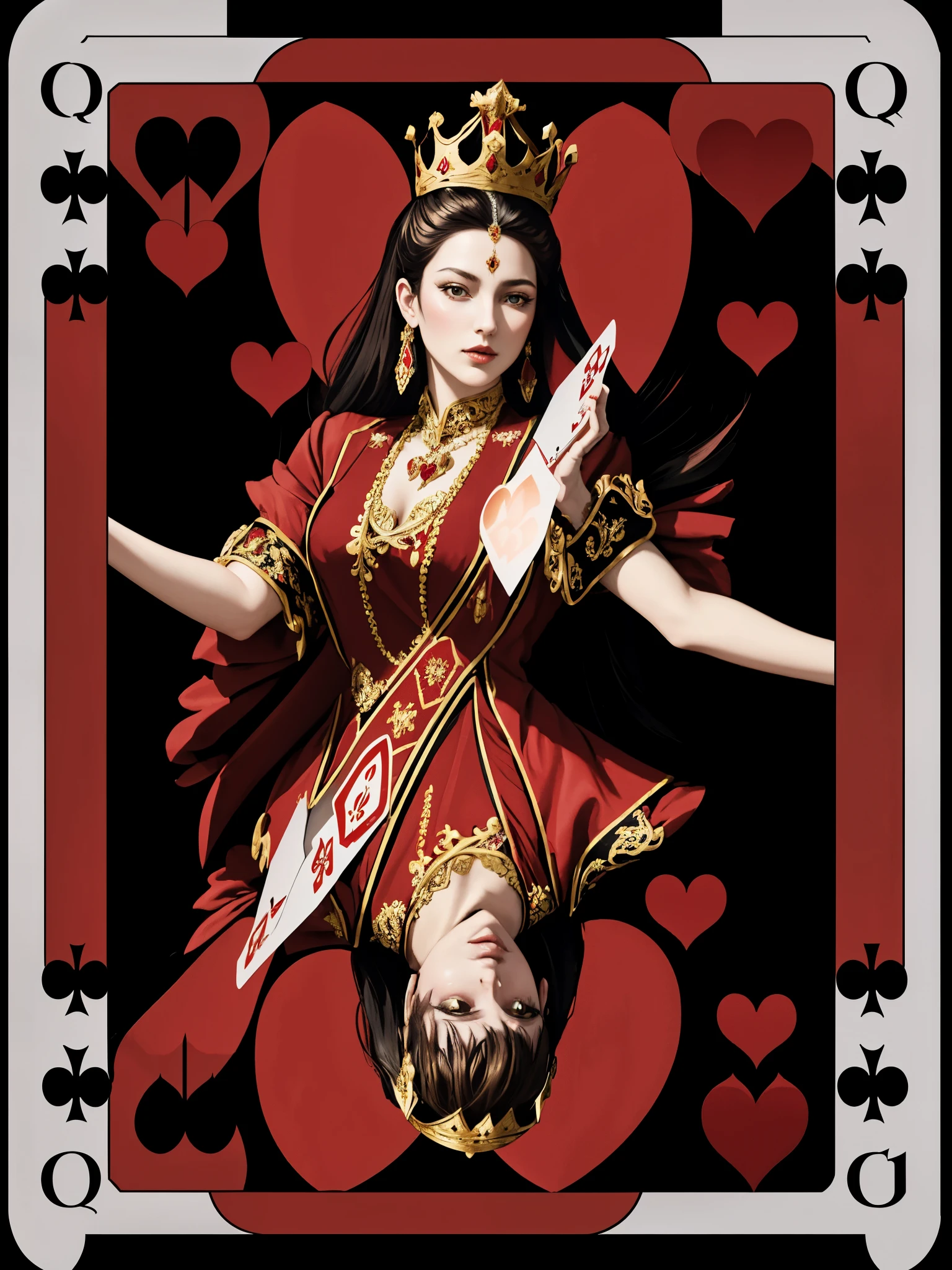 (highres:1.2),symmetrical design card,Queen of Hearts,playing card style,poker card,elaborate patterns,heart-shaped crown,red and black colors,ornate details,rich gold accents,detailed facial features,beautifully illustrated face,Renaissance-inspired,regal attire,fine embroidery,flowing dress,majestic pose,royal backdrop,soft lighting,portrait style