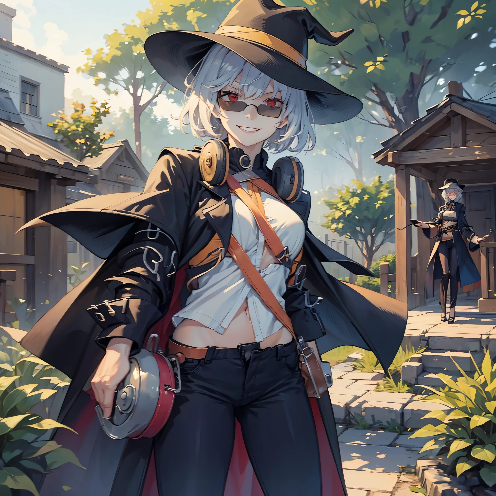 A woman wearing a long black coat, hat, sunglasses, dark jeans, short silver hair, red eyes, smiling, stands in front of a 1950s American house with a garden around it.
