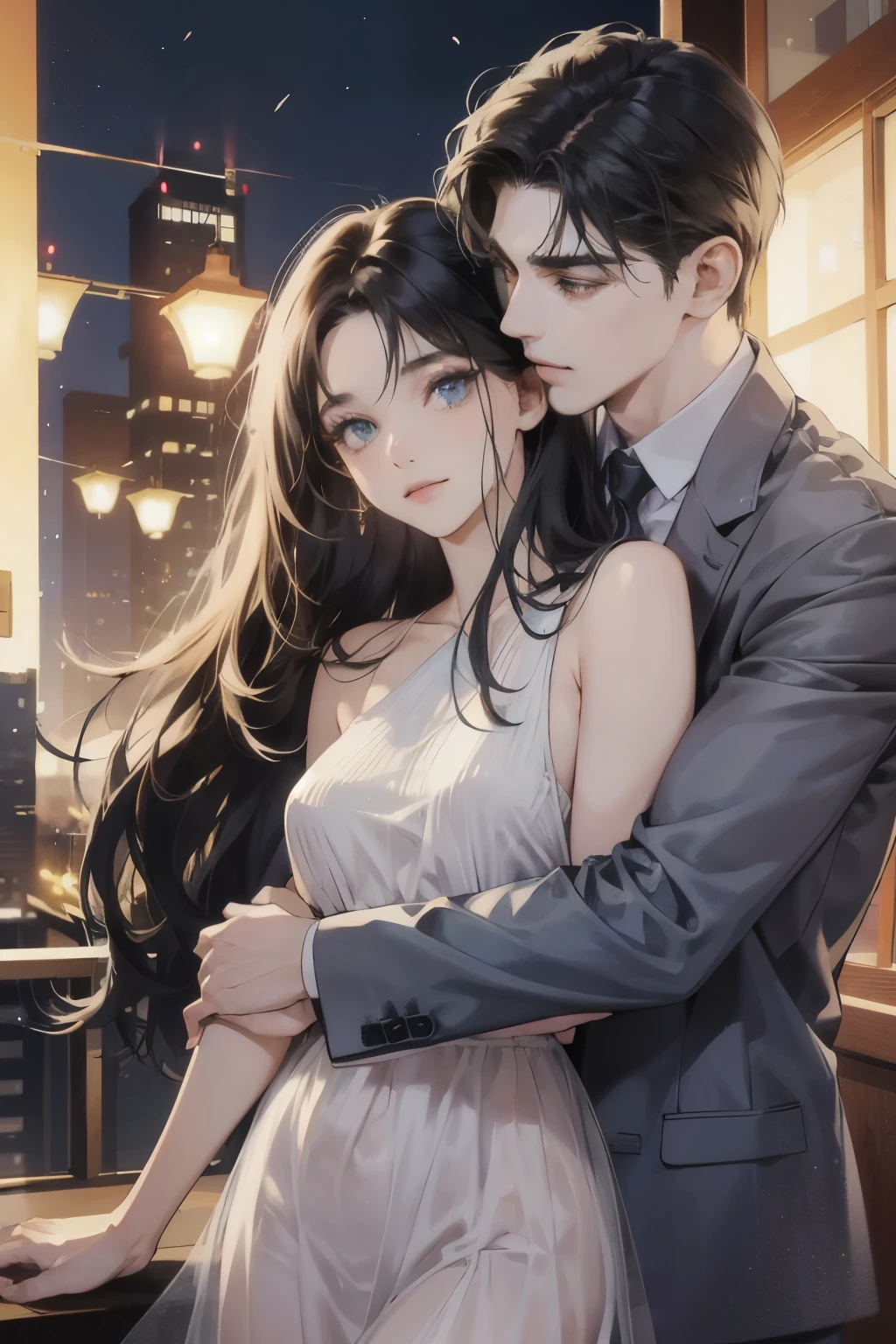 (table top, digital art, digital illustration, 4k, 8k, super detailed, beautiful images, clear image, realistic, RAW photo, perfect face, perfect lines, perfect eyes, soft lighting) 1 female, (long black hair,straight hair,bullish look,Beautiful woman,suit,solid makeup,small breasts、23 year old female,:1.3),secretary, suitを着たハンサムな男性 2 人, (human,suitを着た男,muscular,solid shoulder width, human,boyish hairstyle,british gentleman's style,A man in his 30s with a cool expression,28 year old man with a bright smile:1.2),Moonlight night、City of night、Moon and light、illumination、couple、coupleキス、romance、romanceポルノ、look at each other、hug each other