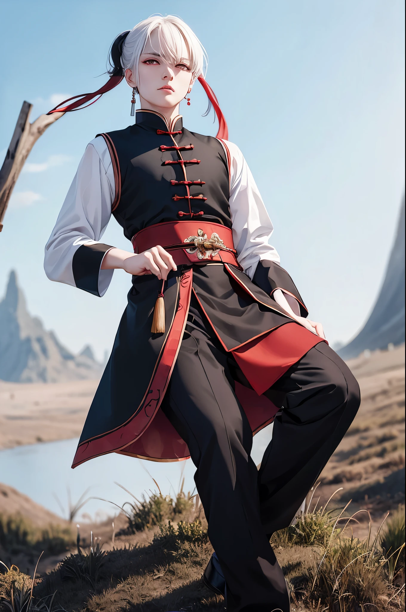 boy, white hair, red eyes, traditional black and red Xianxia Chinese clothing, black tunic with red touches, black pants, black shoes, red belt, hair tied in a ponytail, in a meadow in the middle of nature, serious look
