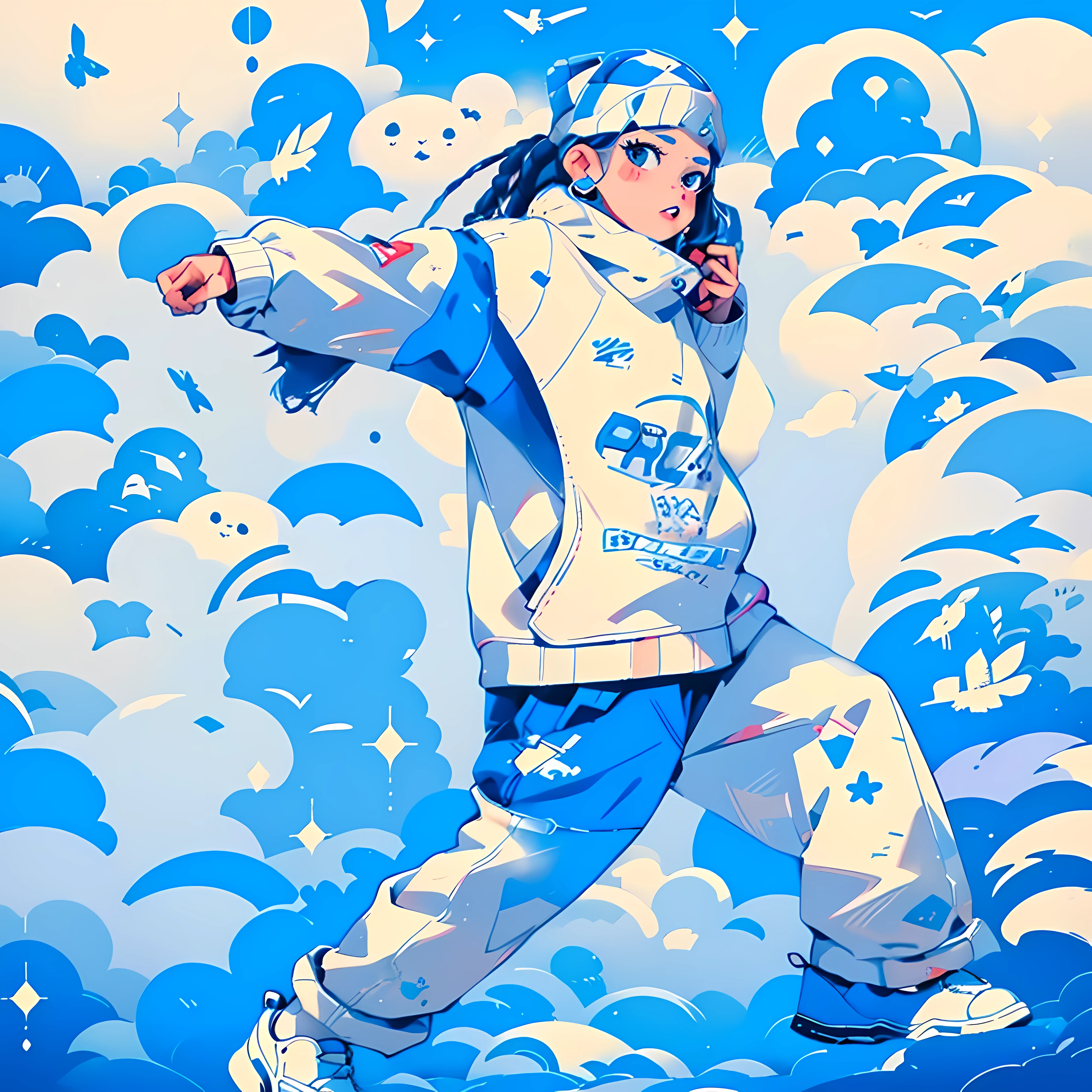 there is a young girl in a white jacket and blue jeans, kawaii playful pose of a dancer, hip hop style, ji-min, she is wearing streetwear, dancing character, tsubasa nakai's style, hiphop, wearing a baggy, jia, dressed with long fluent clothes, miko, full_body!!, park ji-min, takeyuki kanda