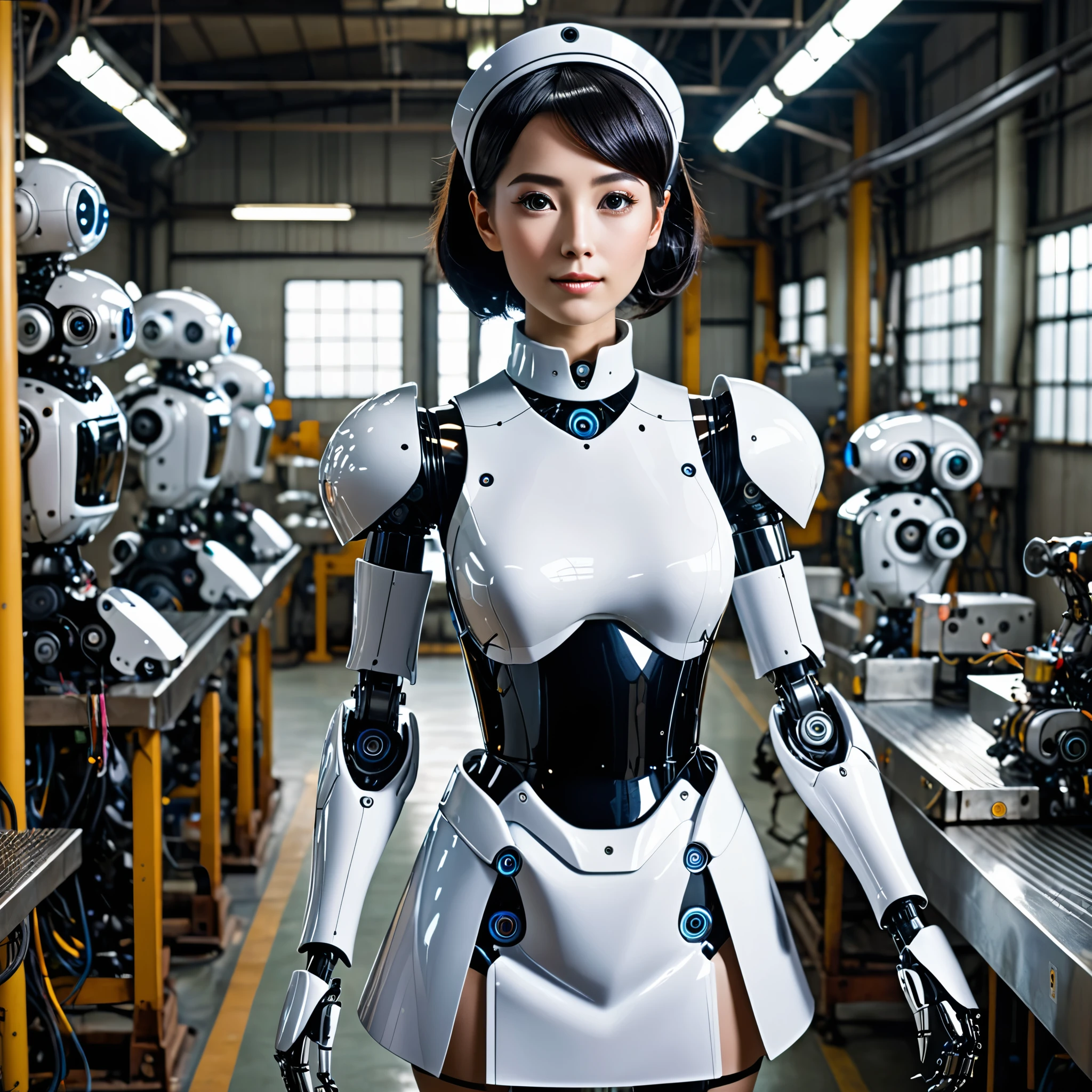 A robot maid reports for inspection, she is perfectly symmetrical. backlit eyes, plastic formed hair, obvious mechanical limbs, human face, maid outfit, factory setting