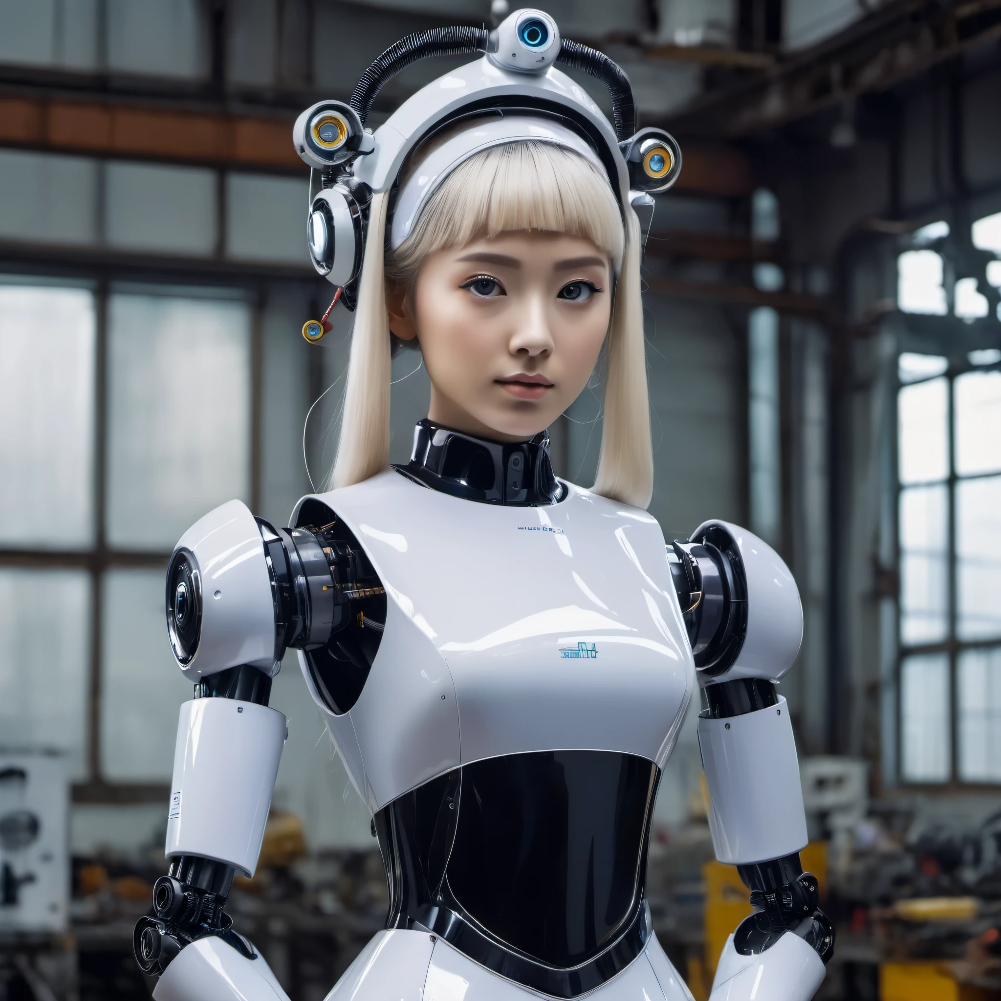 A robot maid reports for inspection, she is perfectly symmetrical. backlit eyes, plastic formed hair, obvious mechanical limbs, human face, maid outfit, factory setting